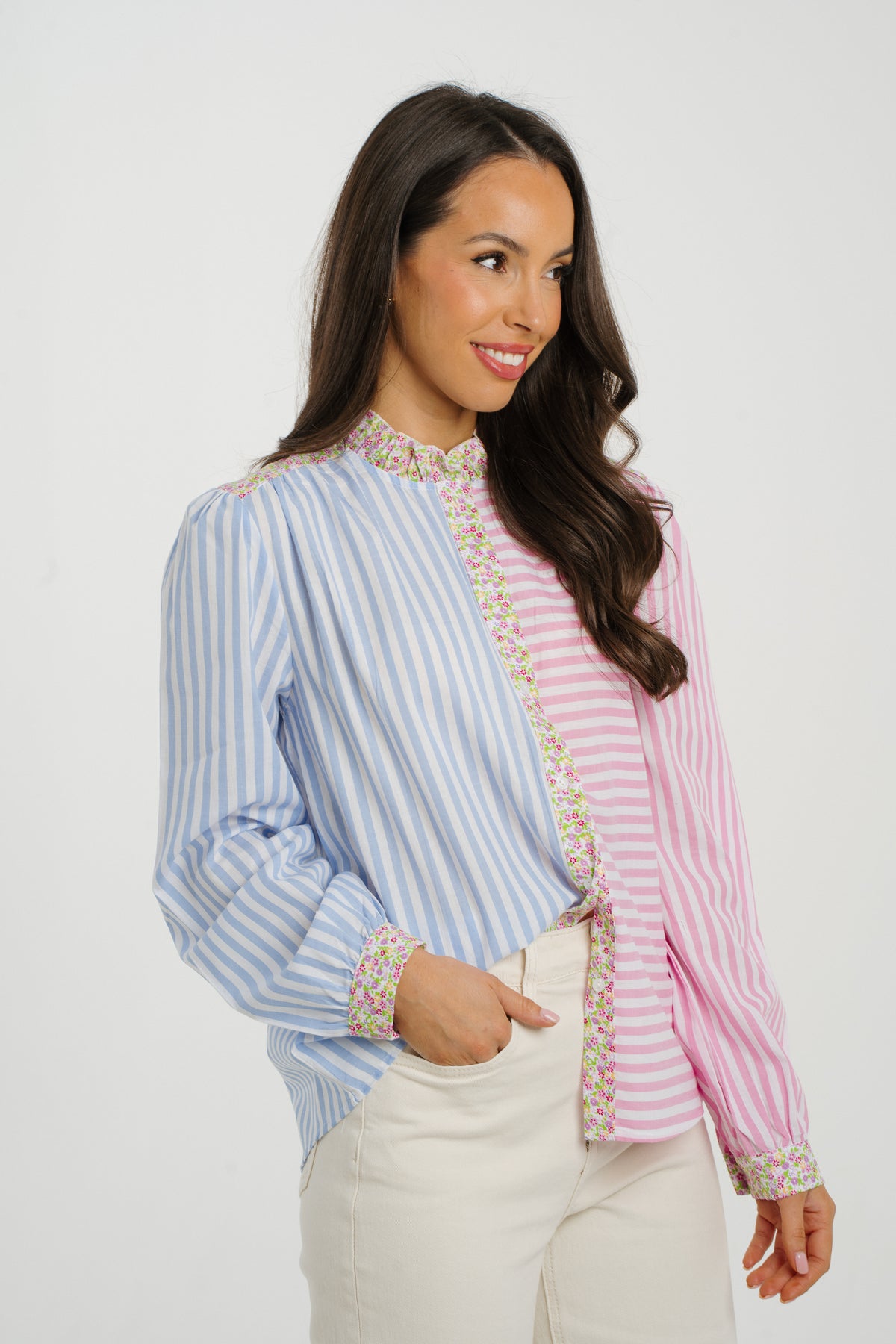 Kendra Contrast Stripe Shirt In Blue & Pink