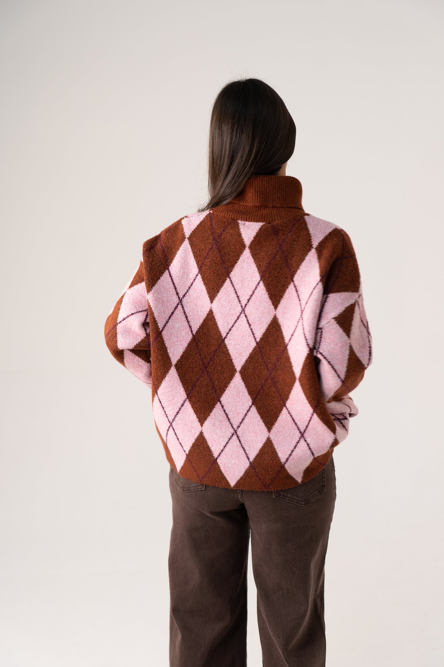 Kendra Diamond Knit Polo Neck In Pink Mix