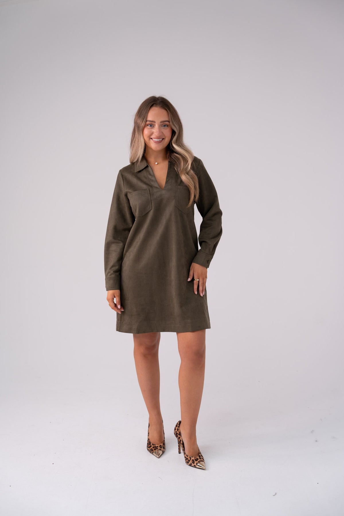 Kendra Faux Suede Dress In Khaki