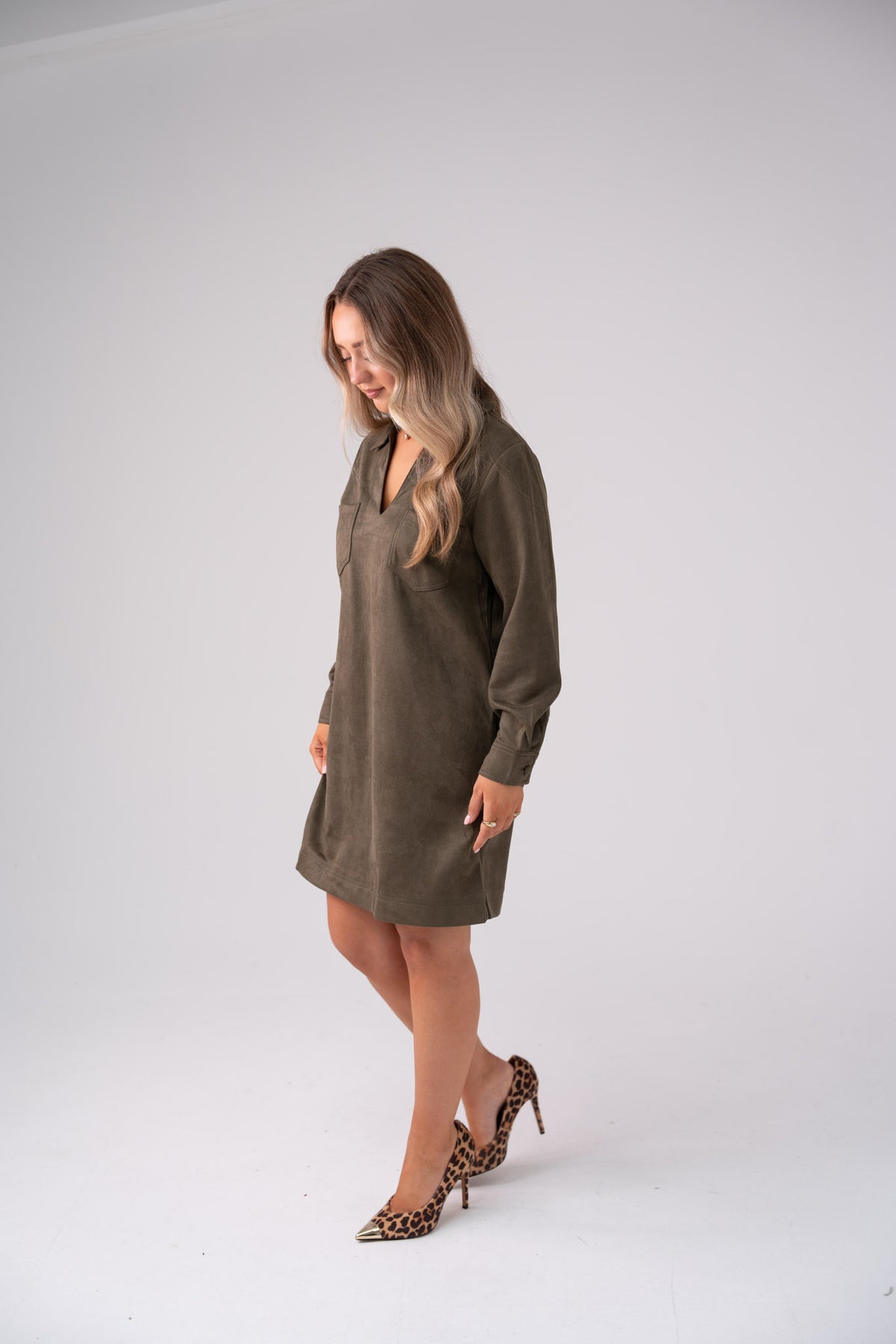 Kendra Faux Suede Dress In Khaki