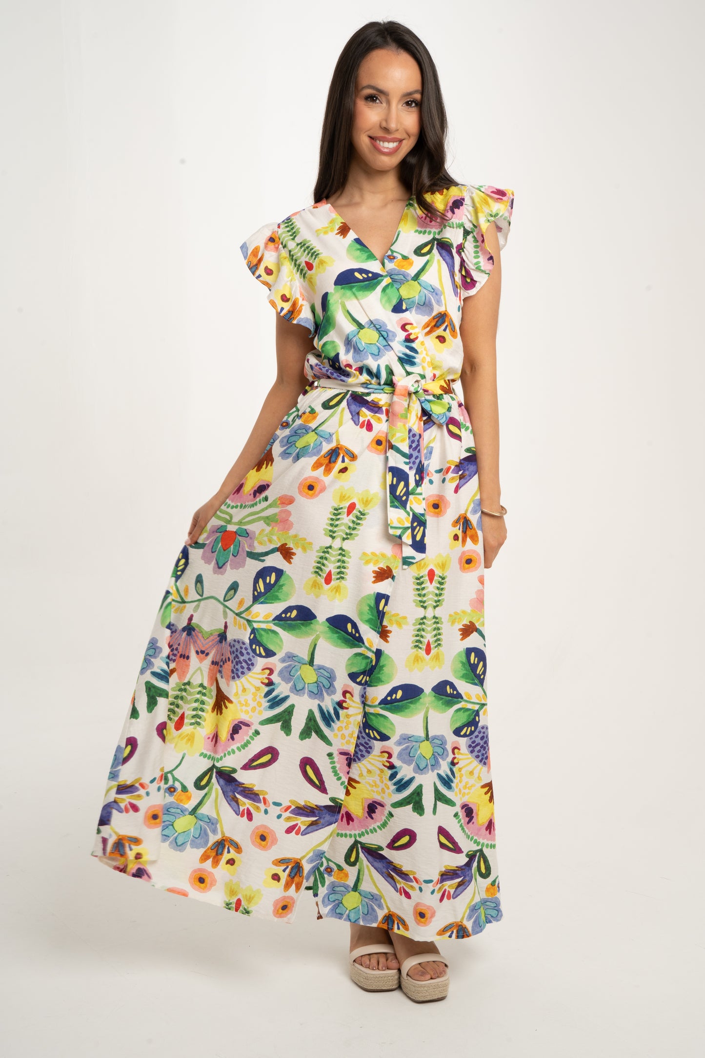 Kendra Floral Print Dress In Green Mix