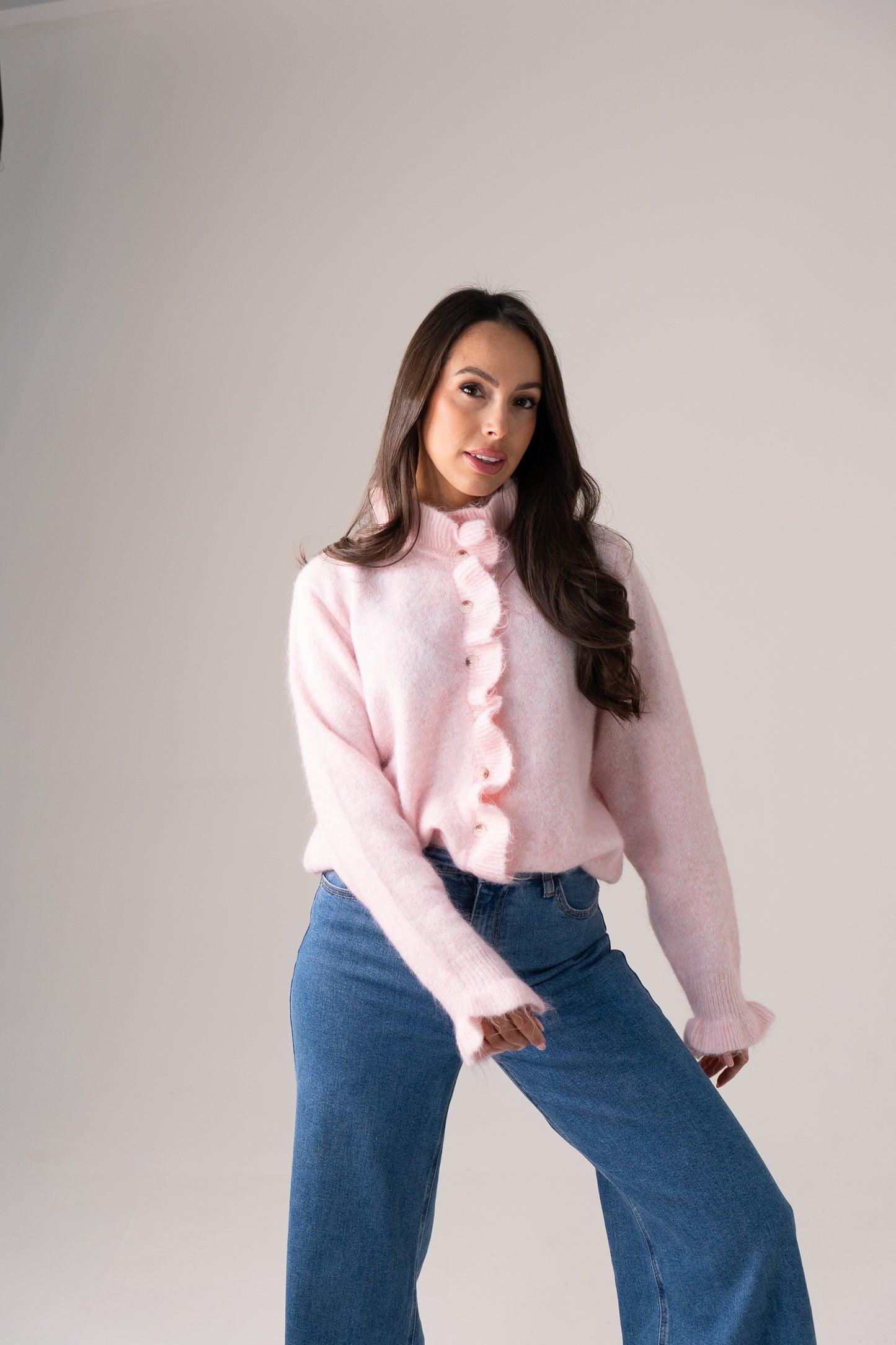 Kendra Frill Trim Cardigan In Pink