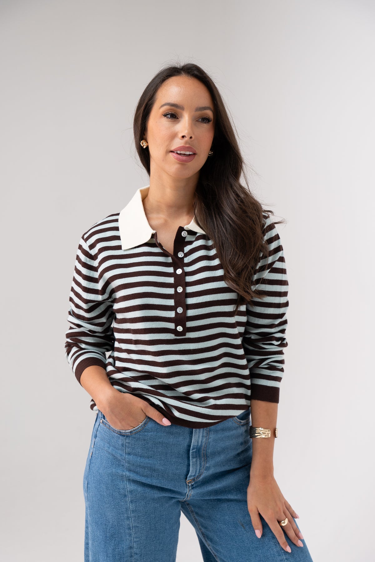 Kendra Half Button Top In Blue Stripe