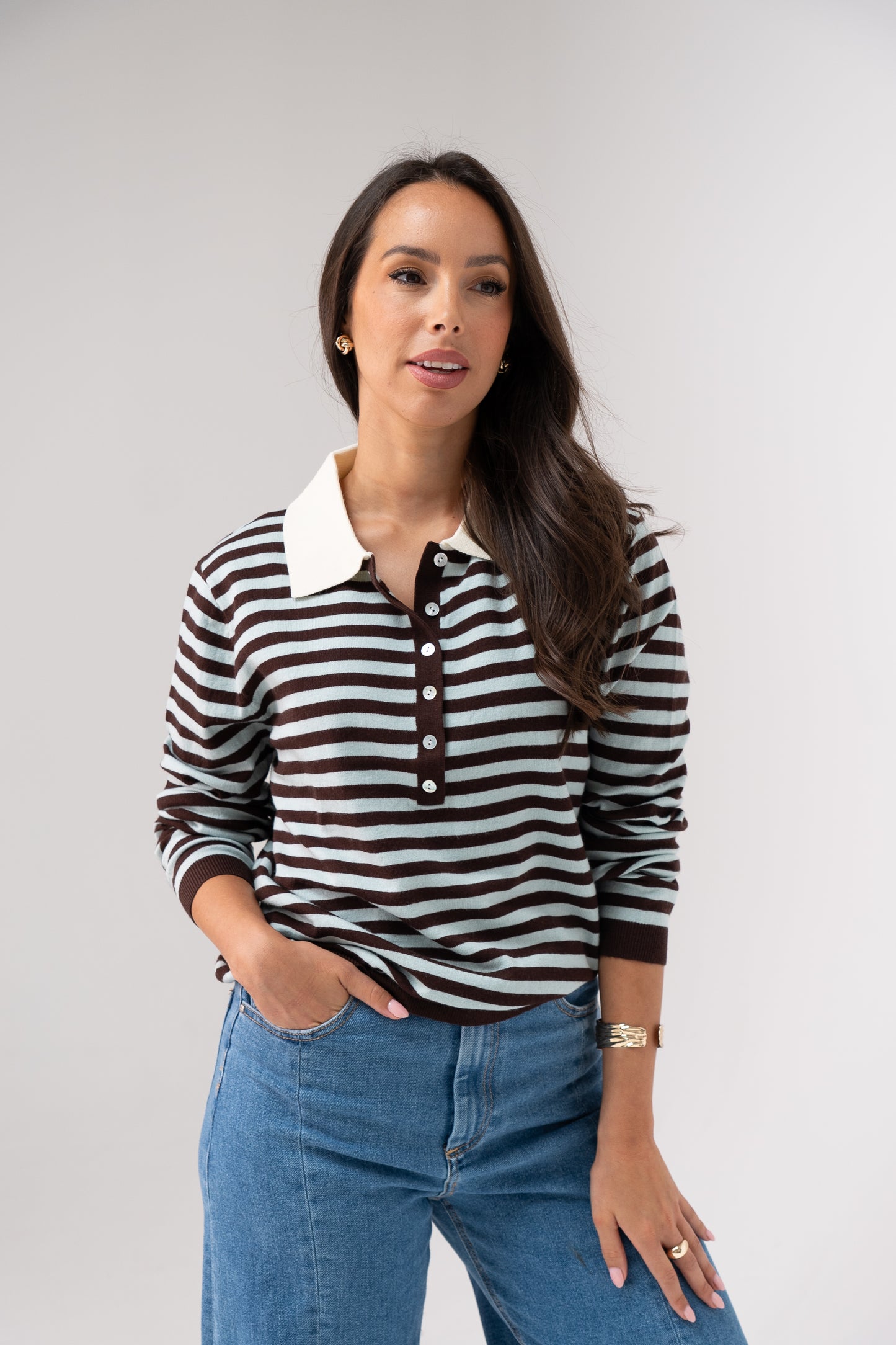 Kendra Half Button Top In Blue Stripe