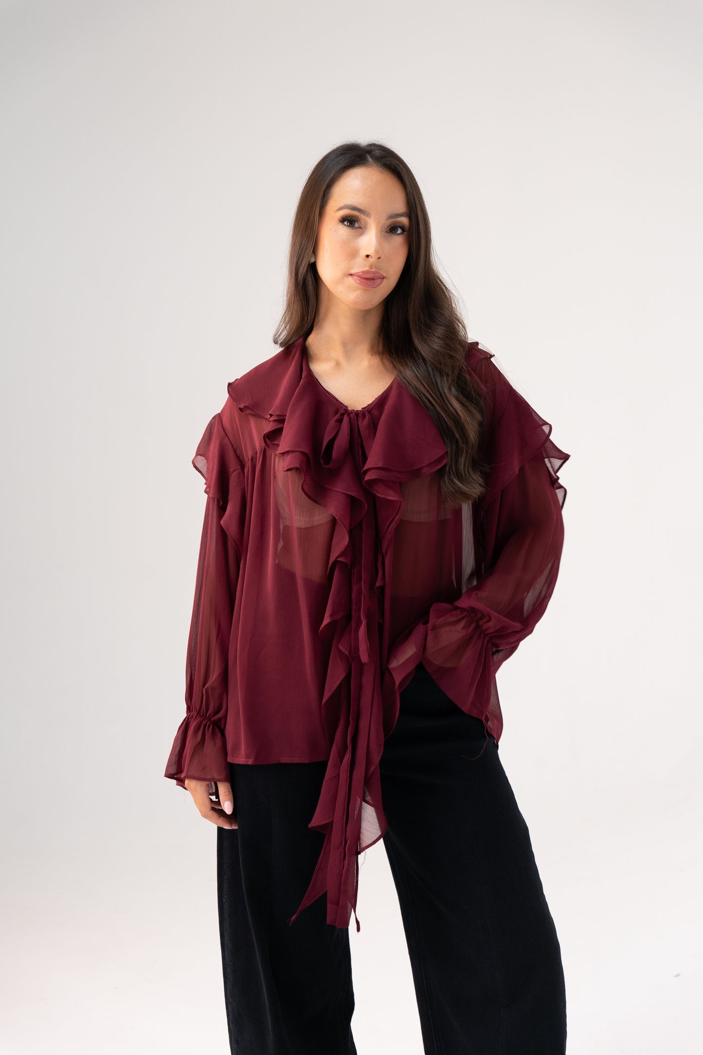 Kendra Ruffle Blouse In Burgundy