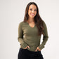 Kendra Split Neck Ribbed Jumper In Khaki