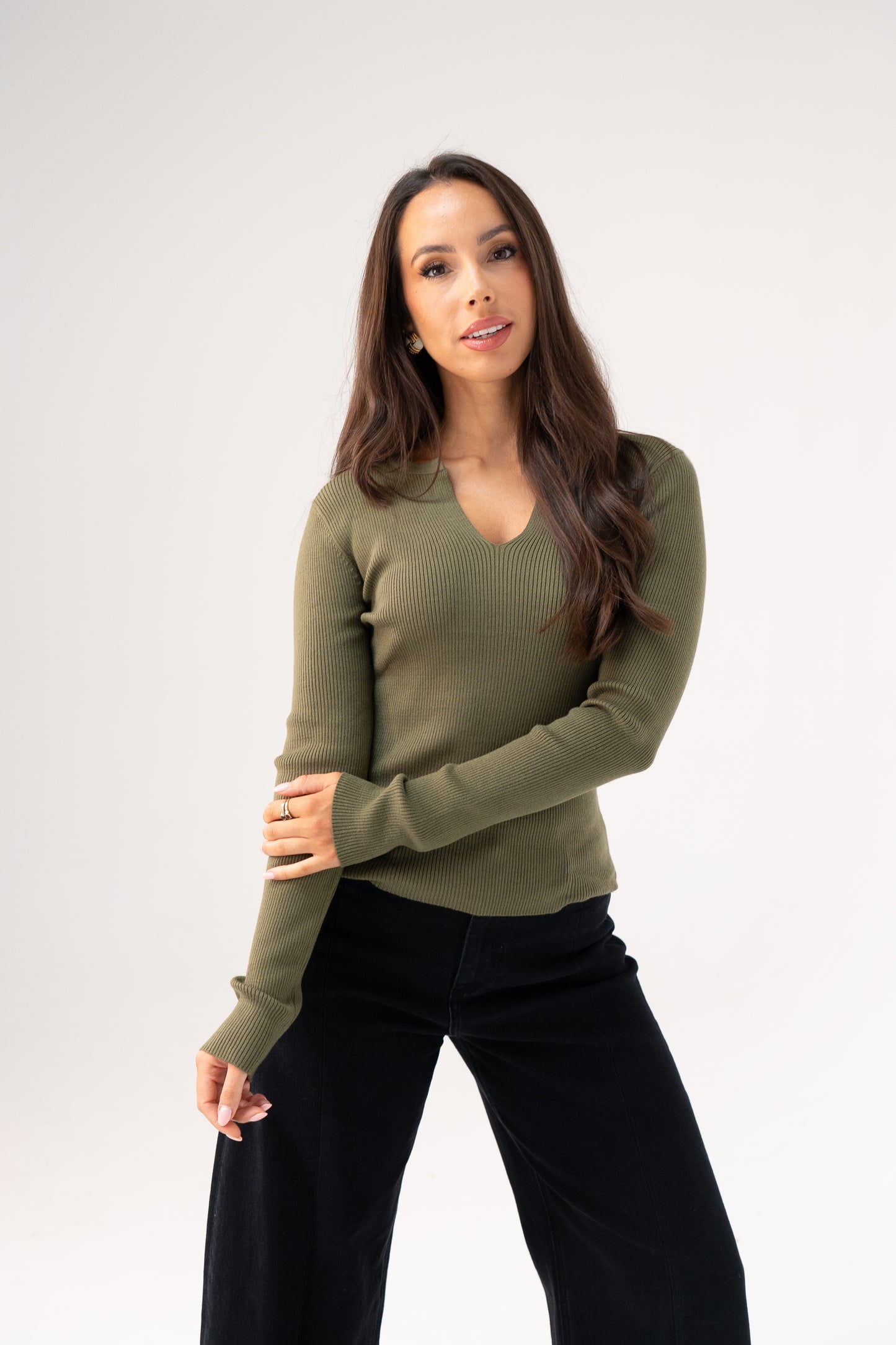 Kendra Split Neck Ribbed Jumper In Khaki