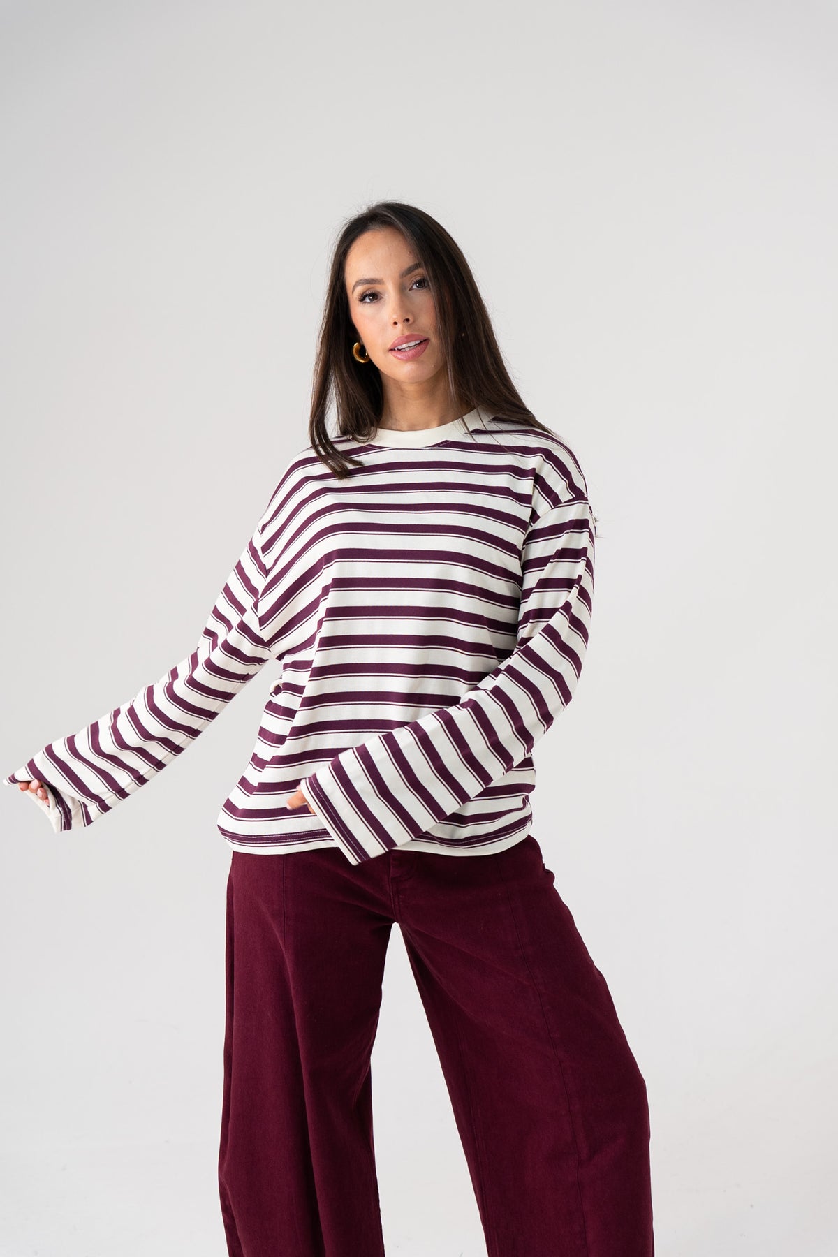 Kendra Long Sleeve Top In Bordeaux Stripe
