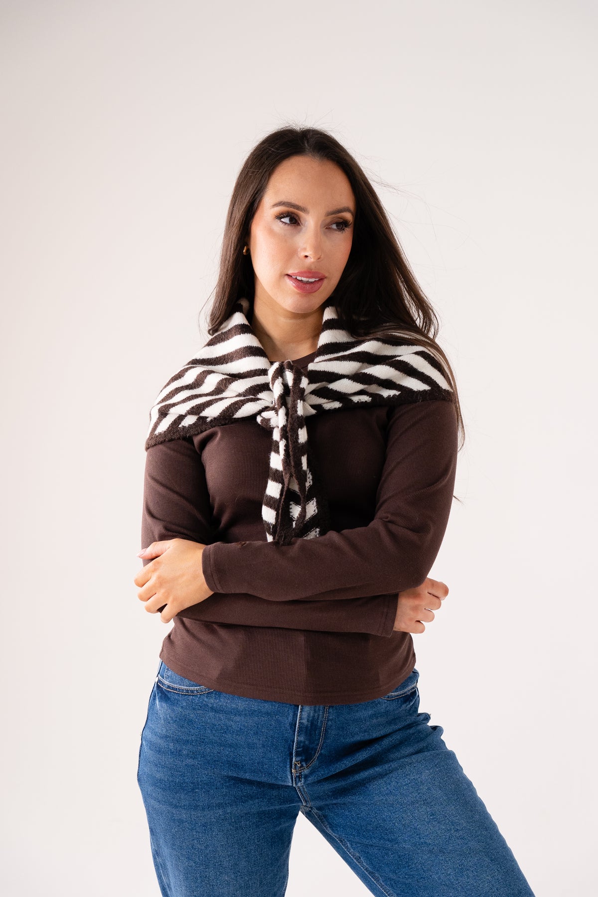 Kendra Stripe Neck Scarf In Coffee Mix
