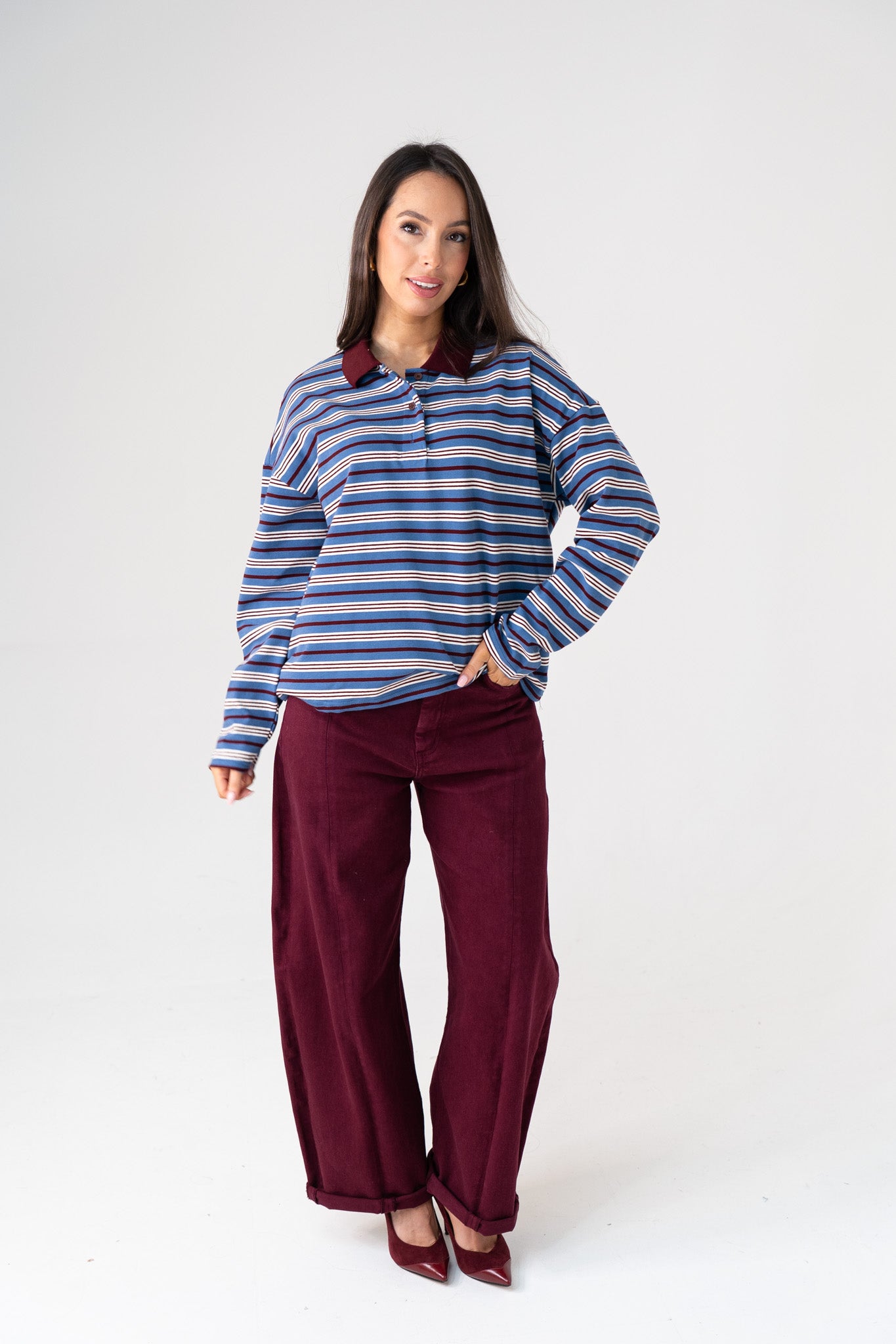 Kendra Stripe Rugby Top In Blue Mix