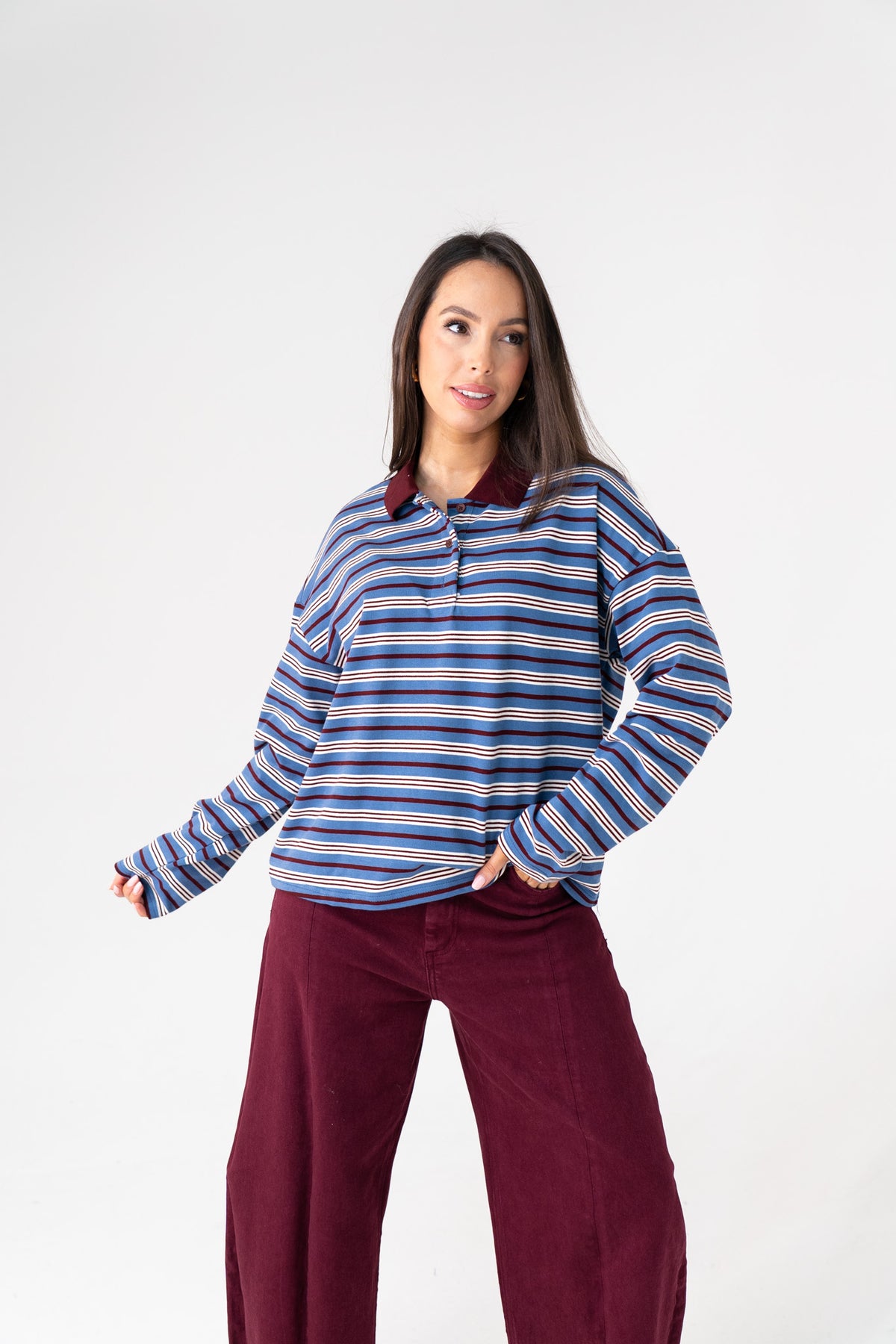 Kendra Stripe Rugby Top In Blue Mix