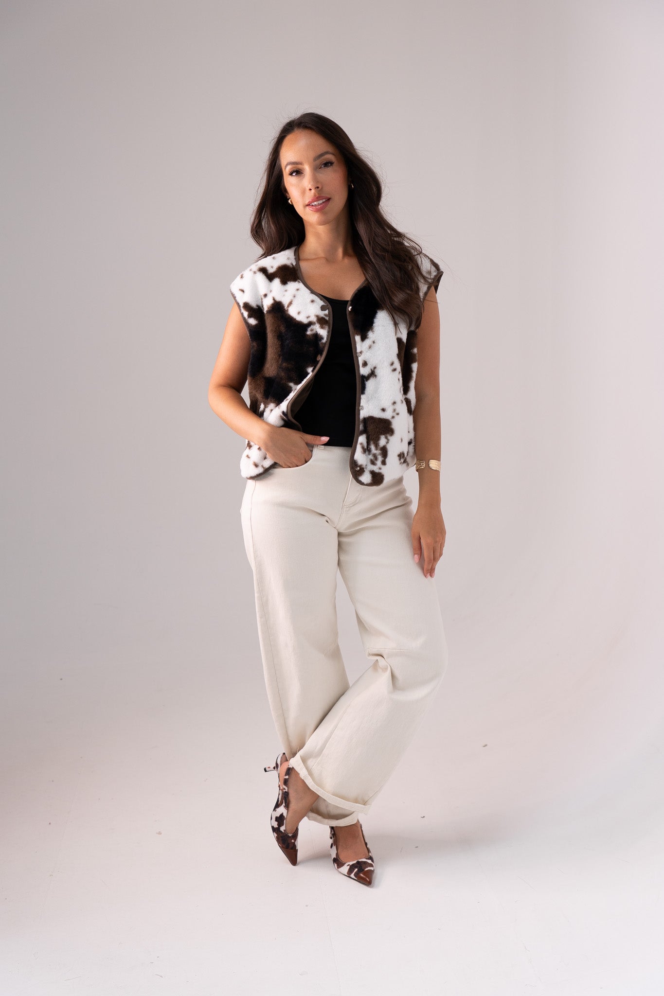 Kendra Textured Waistcoat In Cow Print