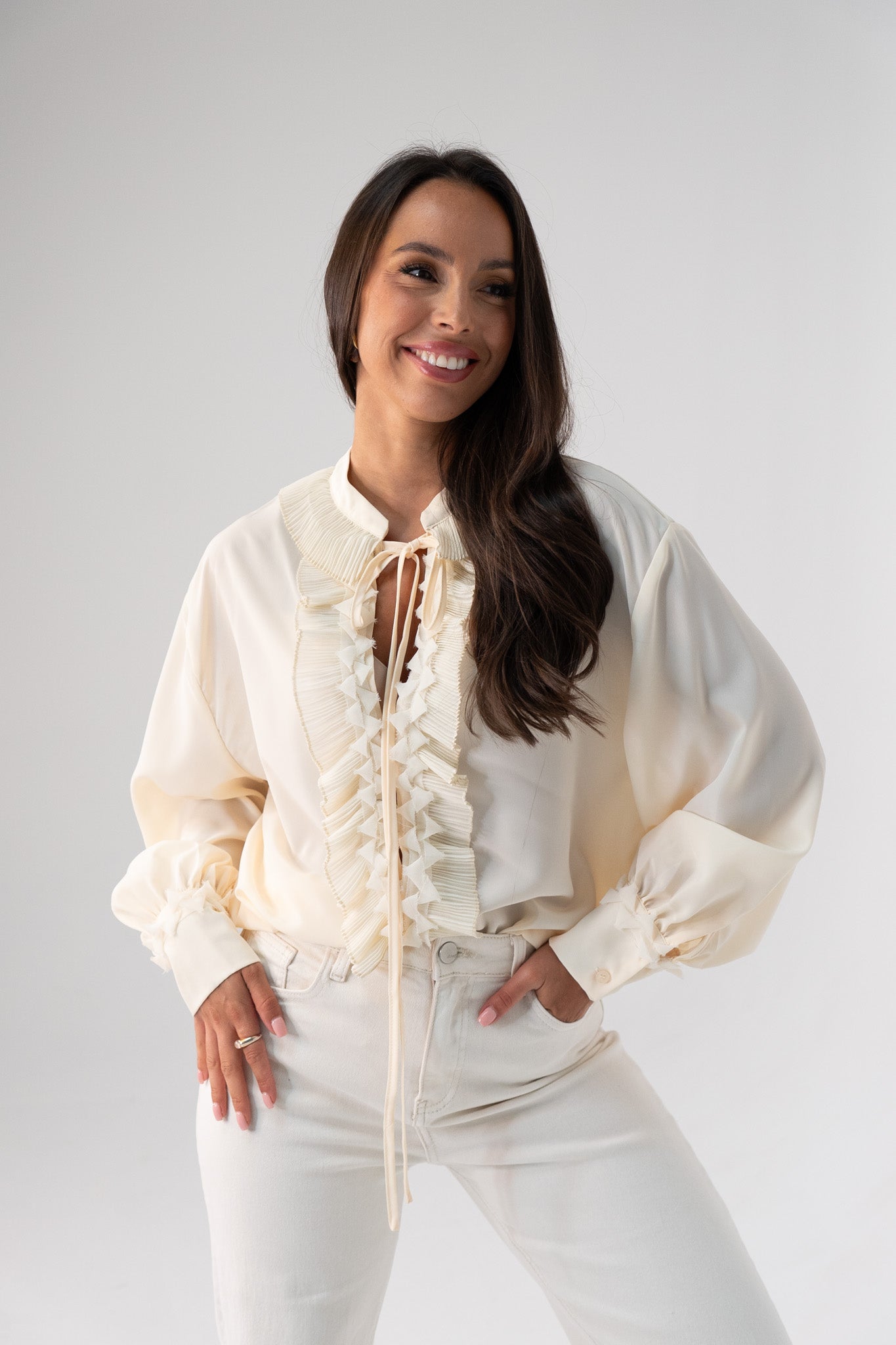 Kendra Tie Neck Ruffle Blouse In Cream