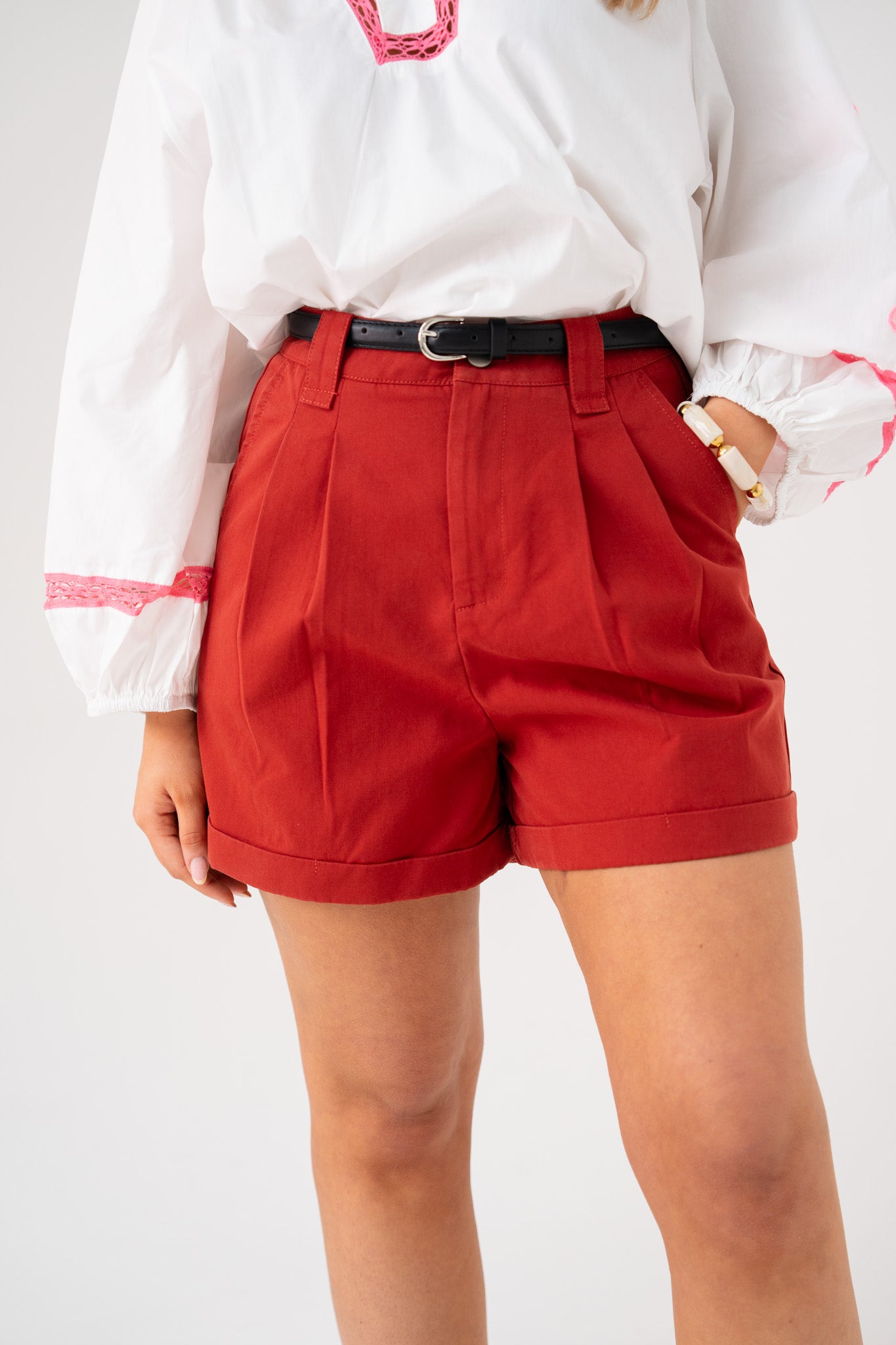 Kiera Belted Shorts In Red