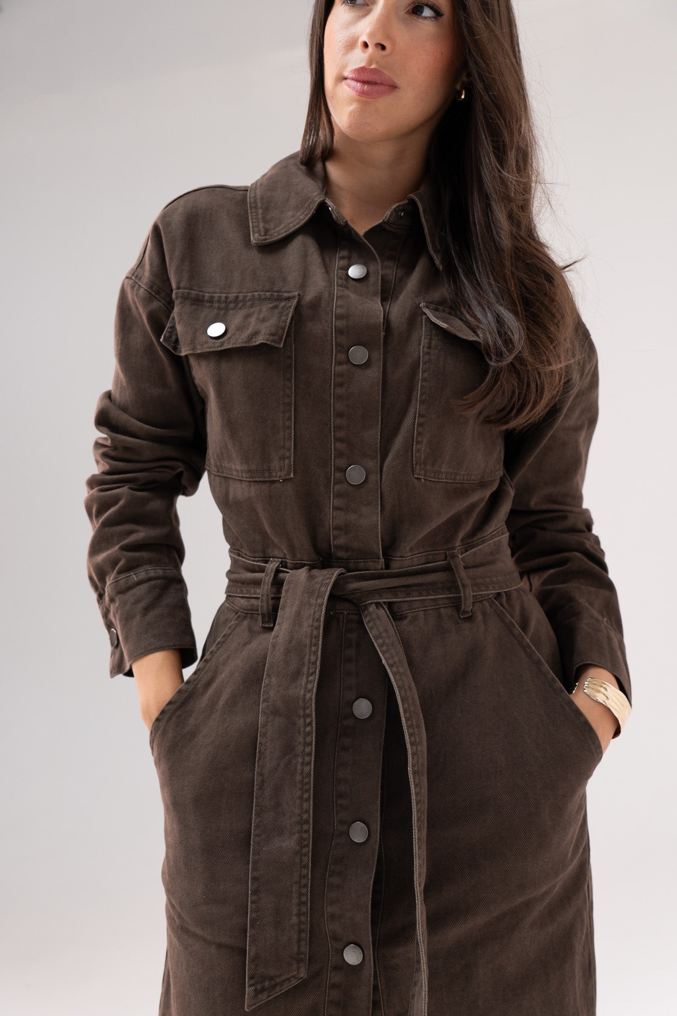 Kiera Denim Midi Dress In Chocolate