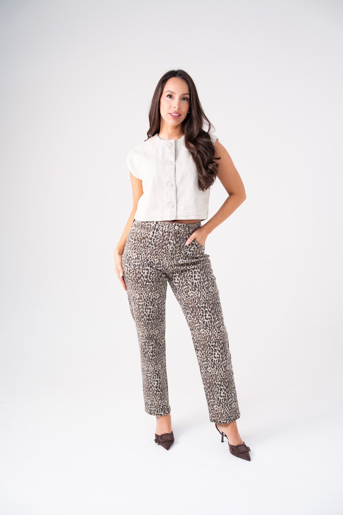 Kiera Denim Waistcoat In Taupe