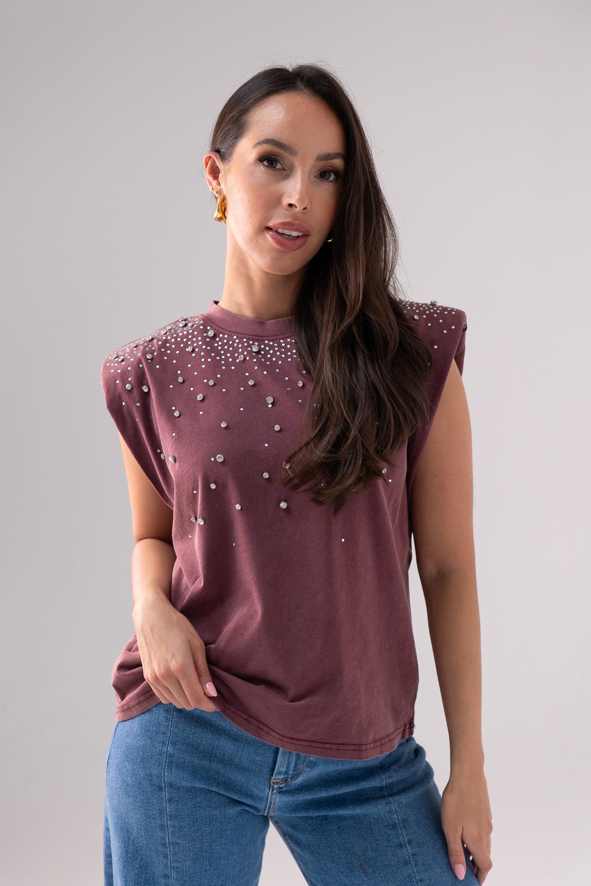 Kiera Embellished Sleeveless Top In Bordeaux