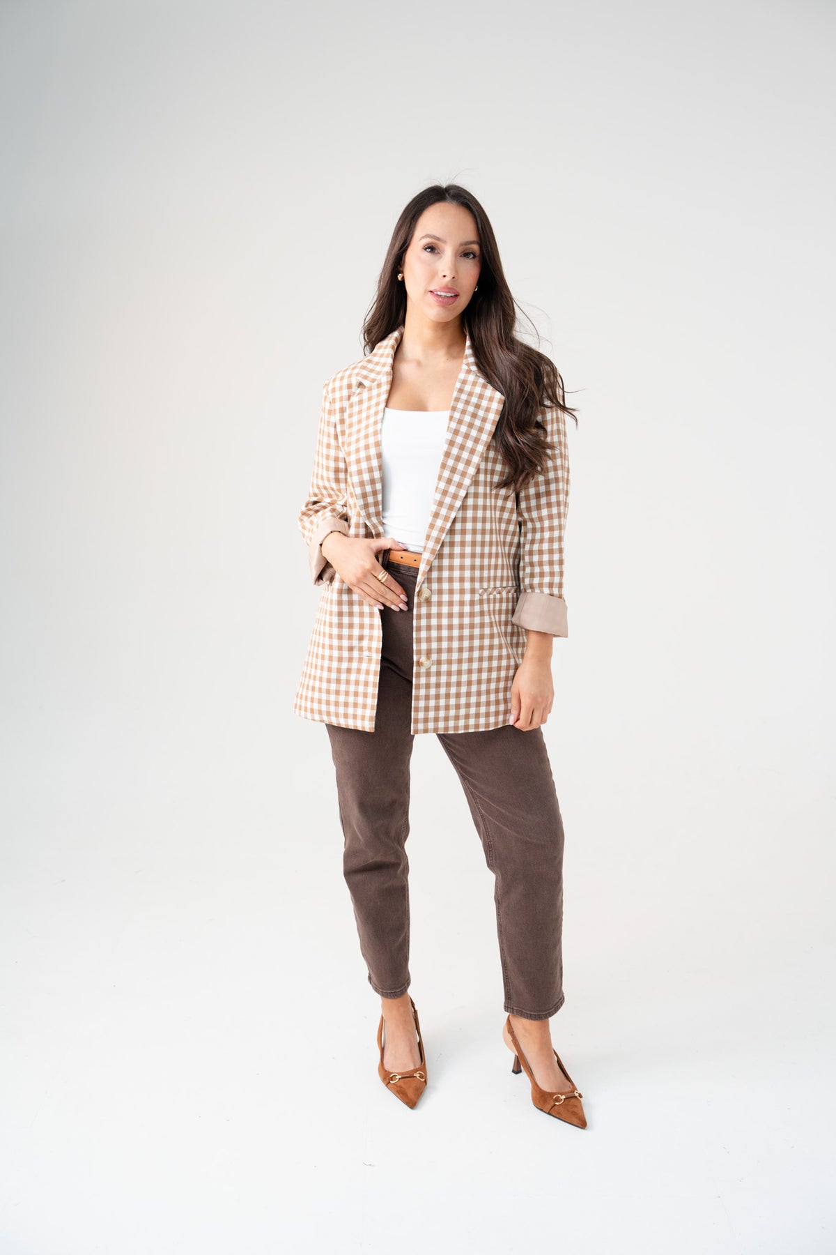 Kiera Gingham Blazer In Coffee