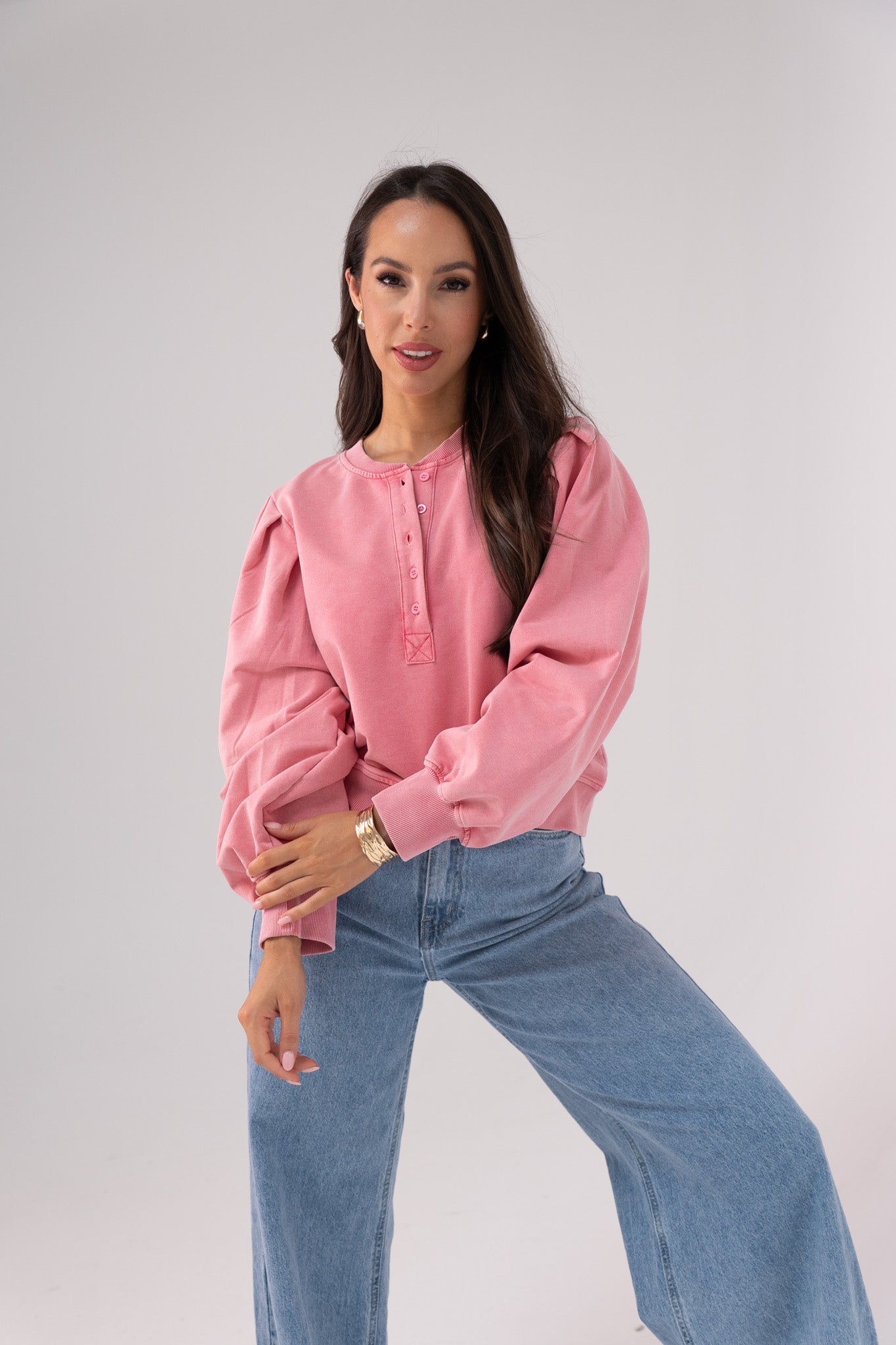 Kiera Half Button Sweatshirt In Pink