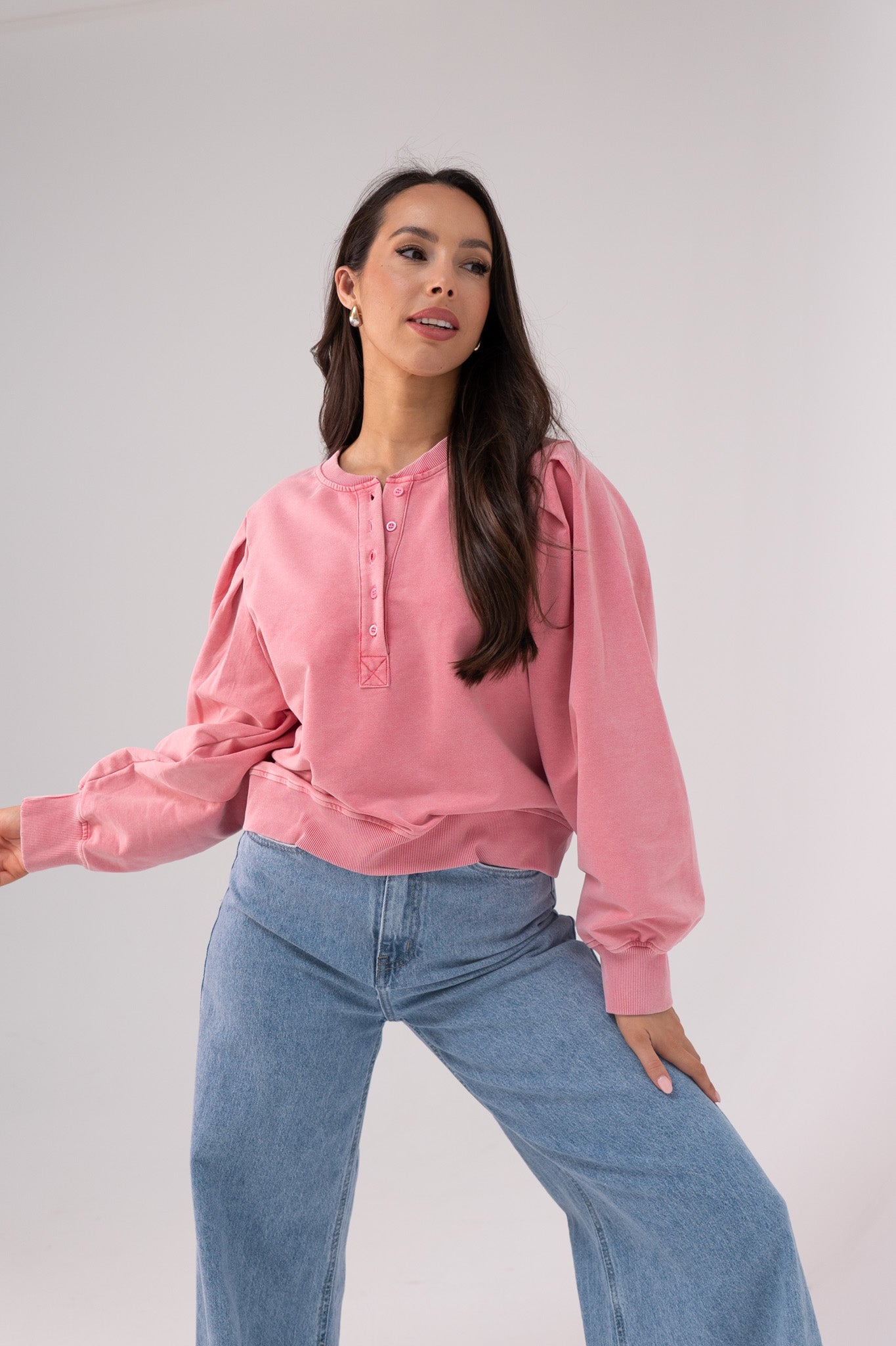 Kiera Half Button Sweatshirt In Pink