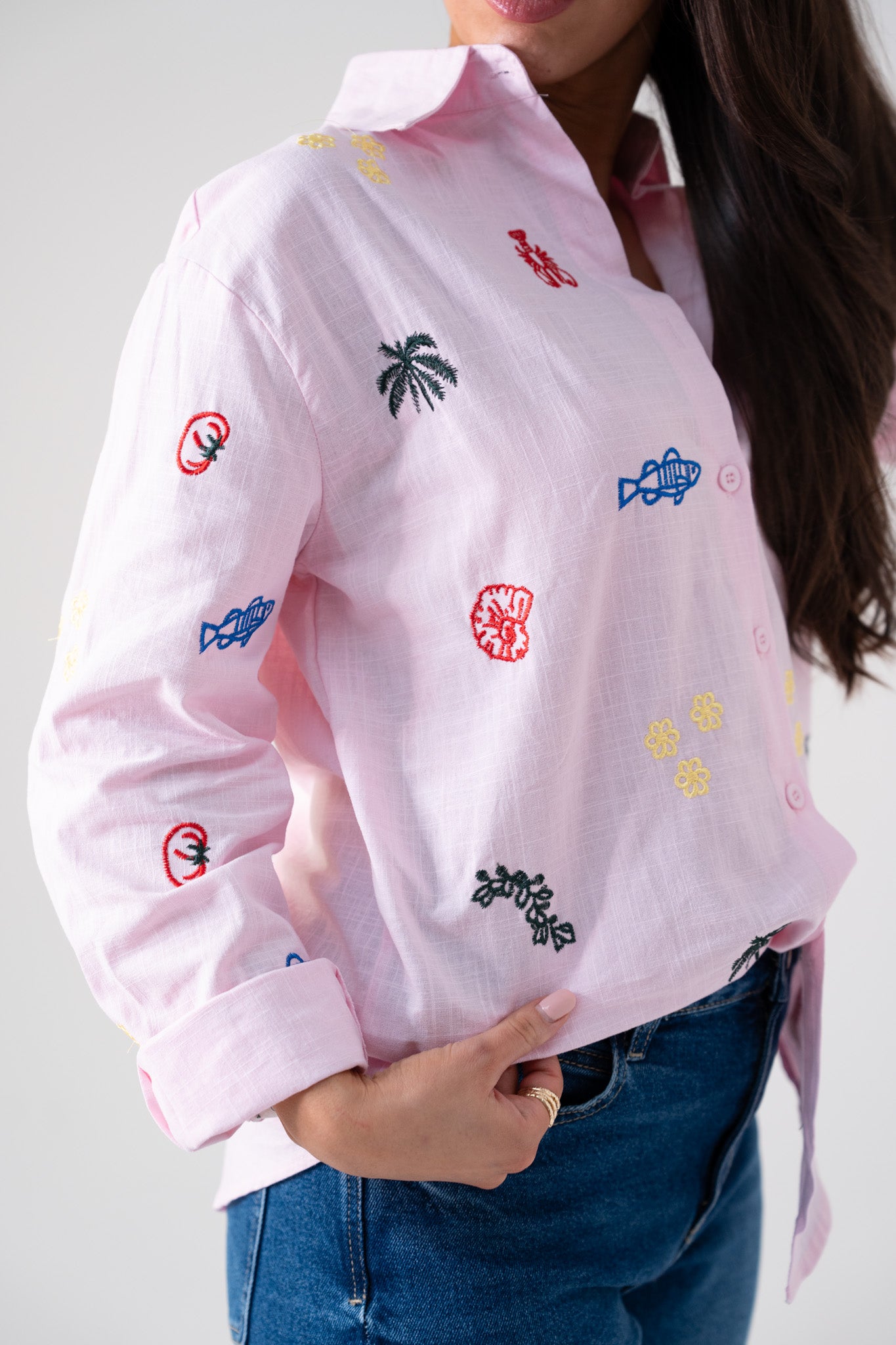 Kiera Multi Embroidered Shirt In Pink