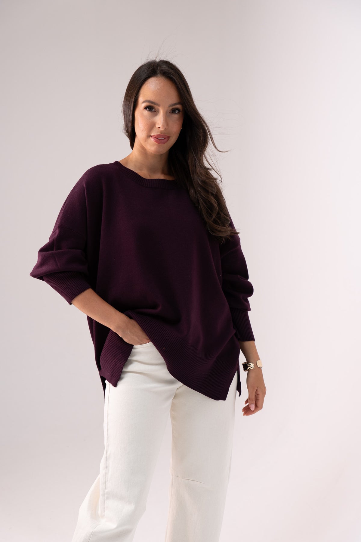 Kiera Round Neck Jumper In Plum
