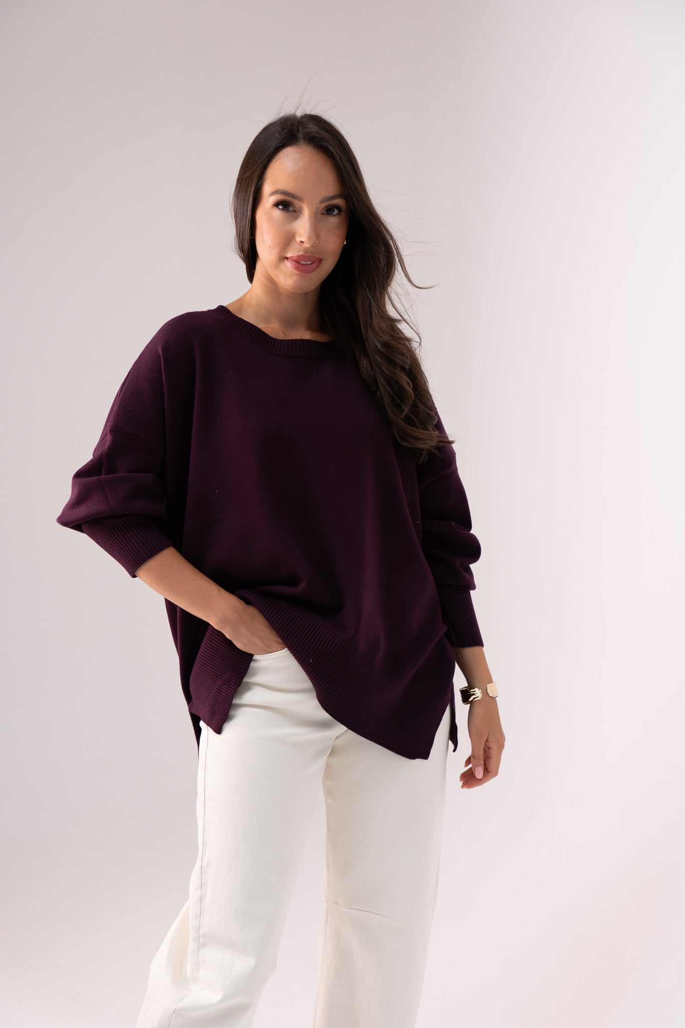 Kiera Round Neck Jumper In Plum