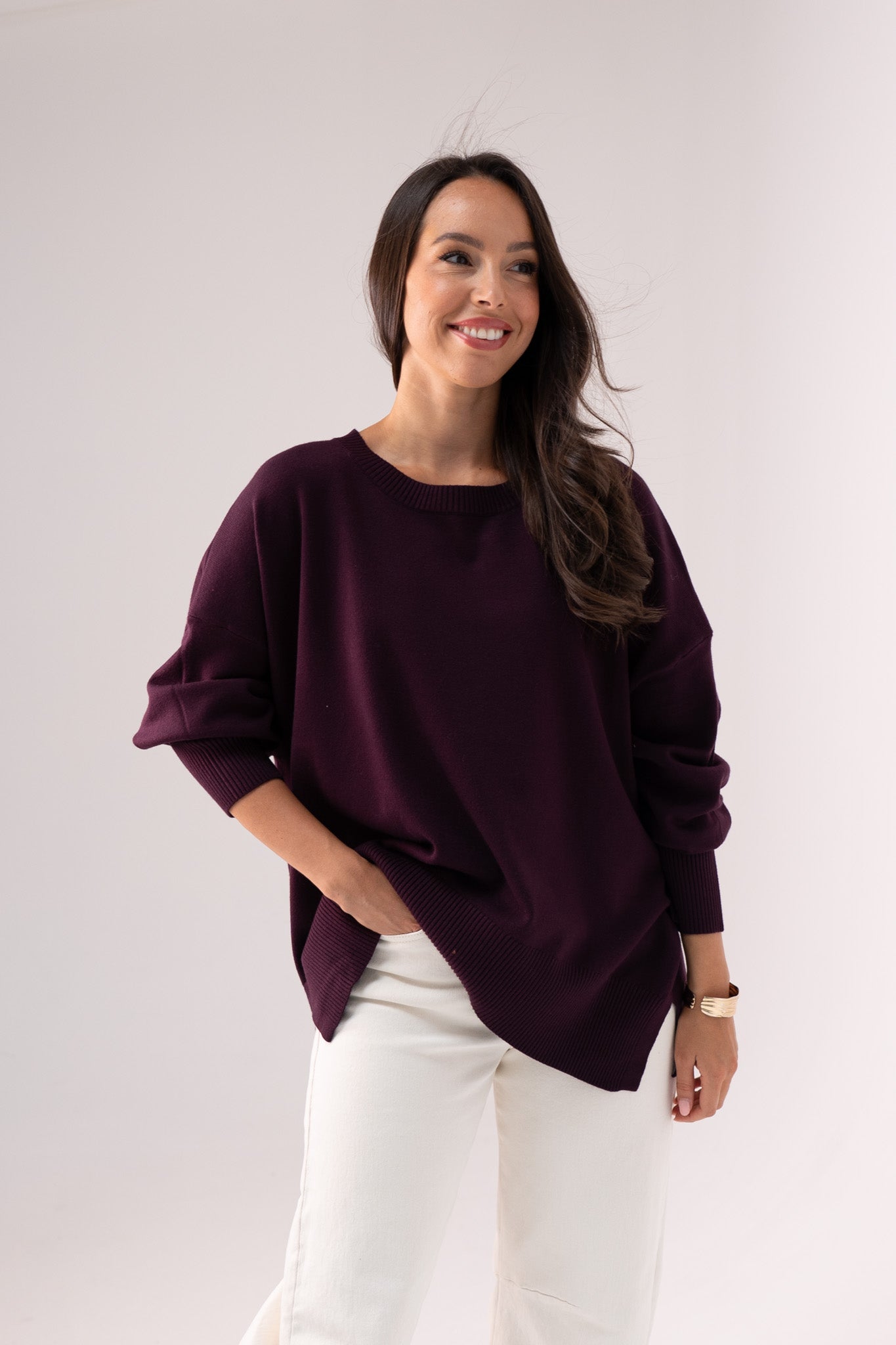 Kiera Round Neck Jumper In Plum