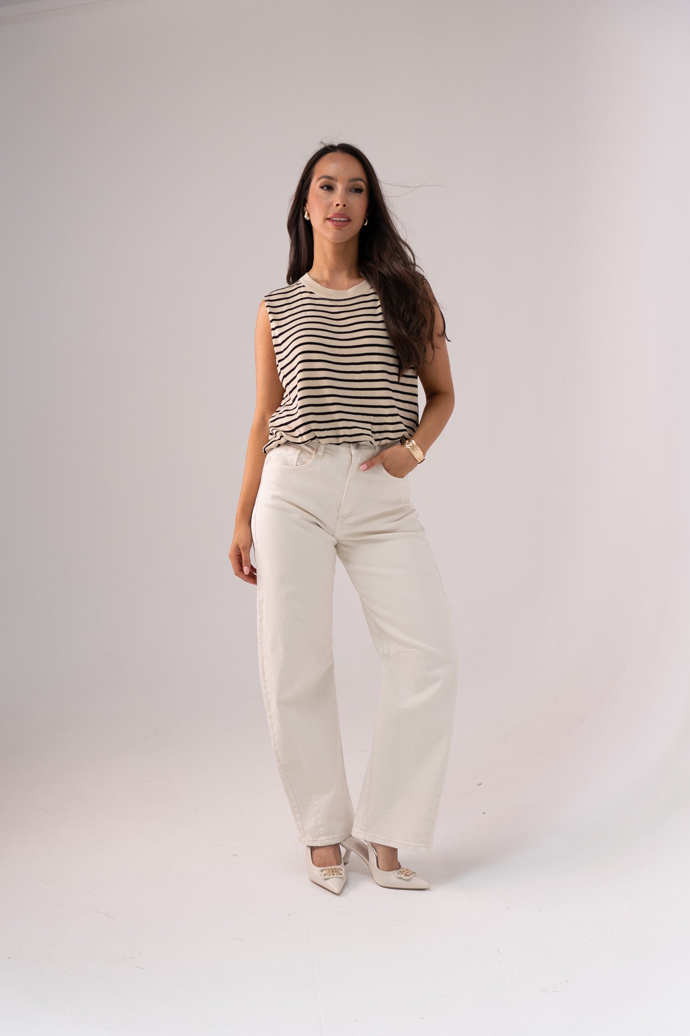 Kiera Striped Bubble Hem Top In Beige