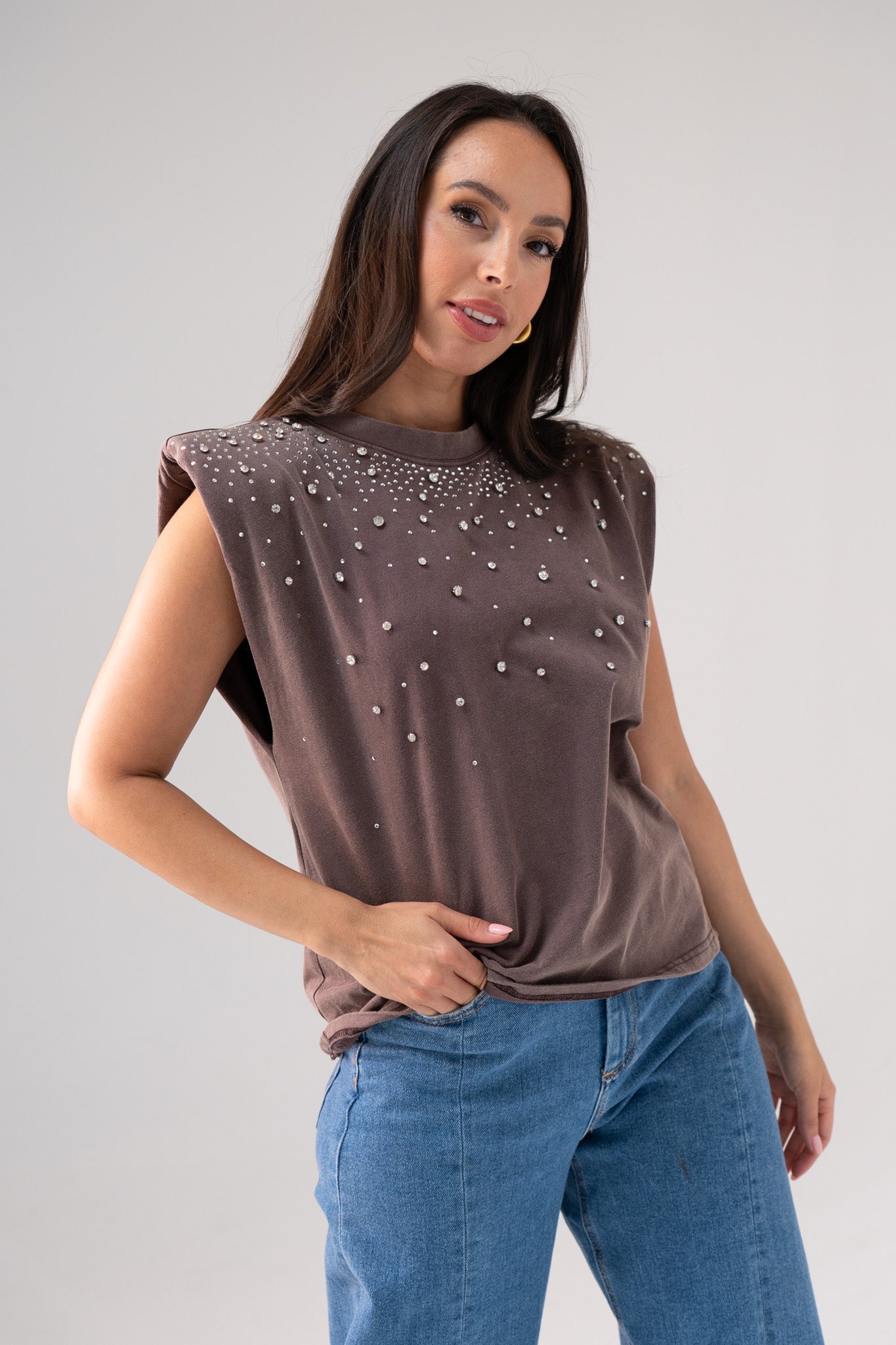 Kiera Embellished Sleeveless Top In Mocha