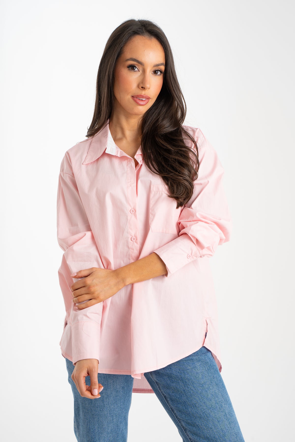 Kiera Contrast Cuff Shirt In Pink
