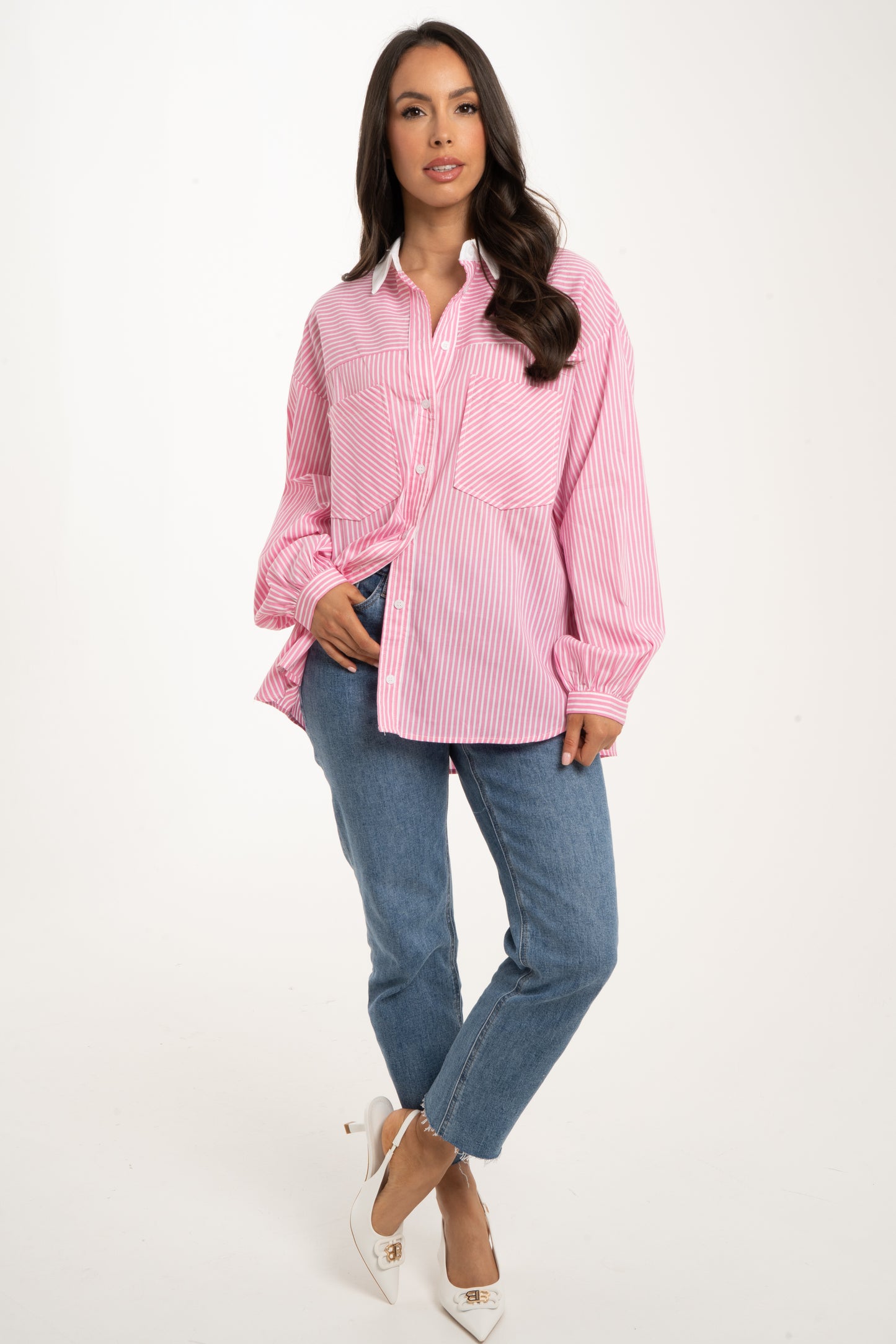 Kendra Contrast Collar Shirt In Pink Stripe