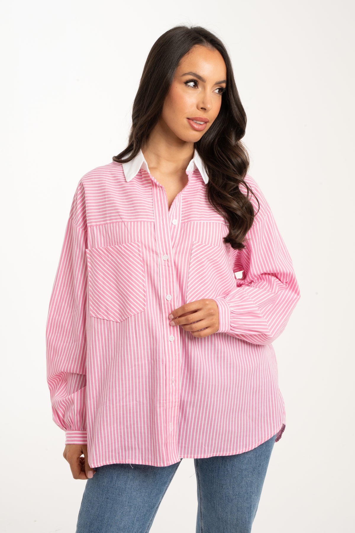 Kendra Contrast Collar Shirt In Pink Stripe