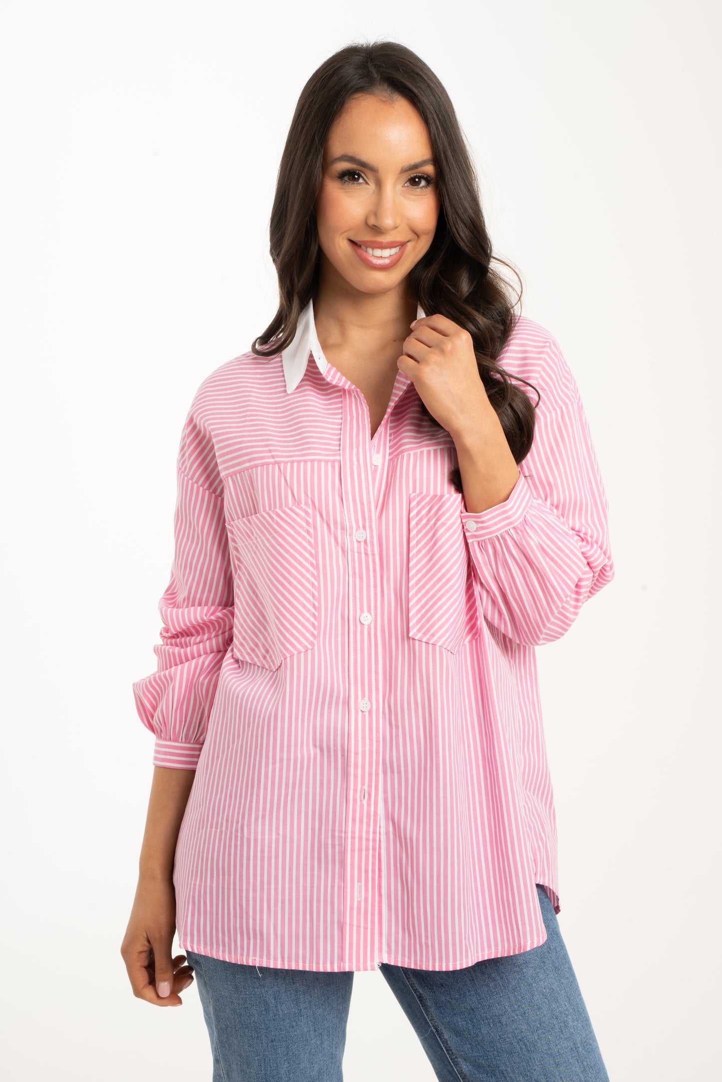 Kendra Contrast Collar Shirt In Pink Stripe