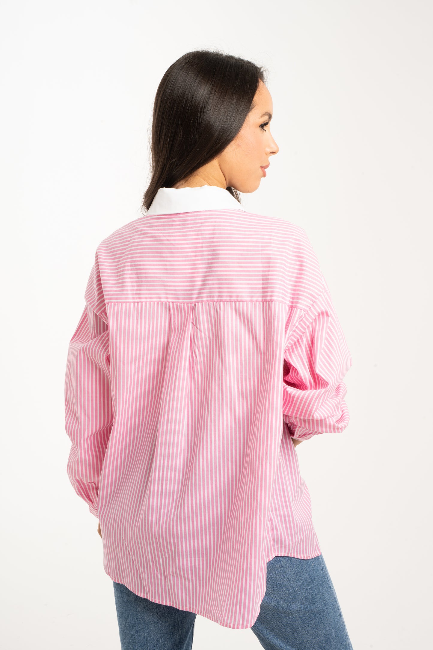 Kendra Contrast Collar Shirt In Pink Stripe