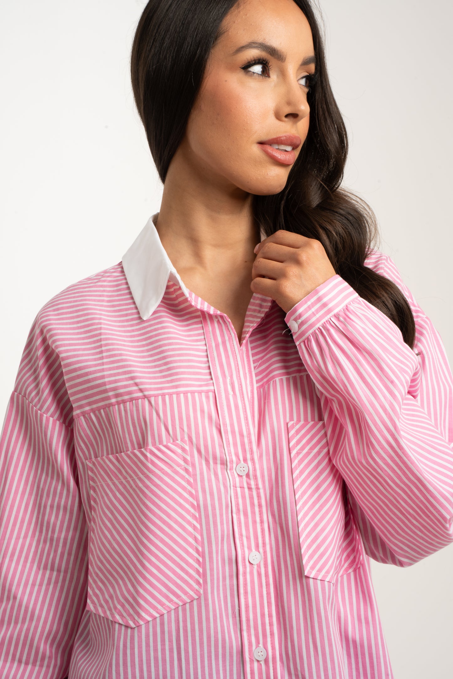 Kendra Contrast Collar Shirt In Pink Stripe