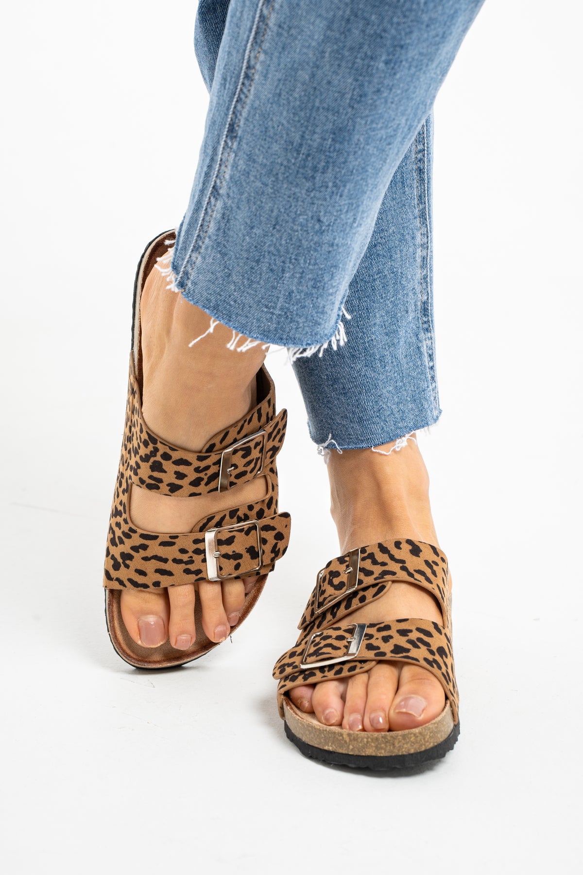 Lauren Double Strap Sliders In Leopard