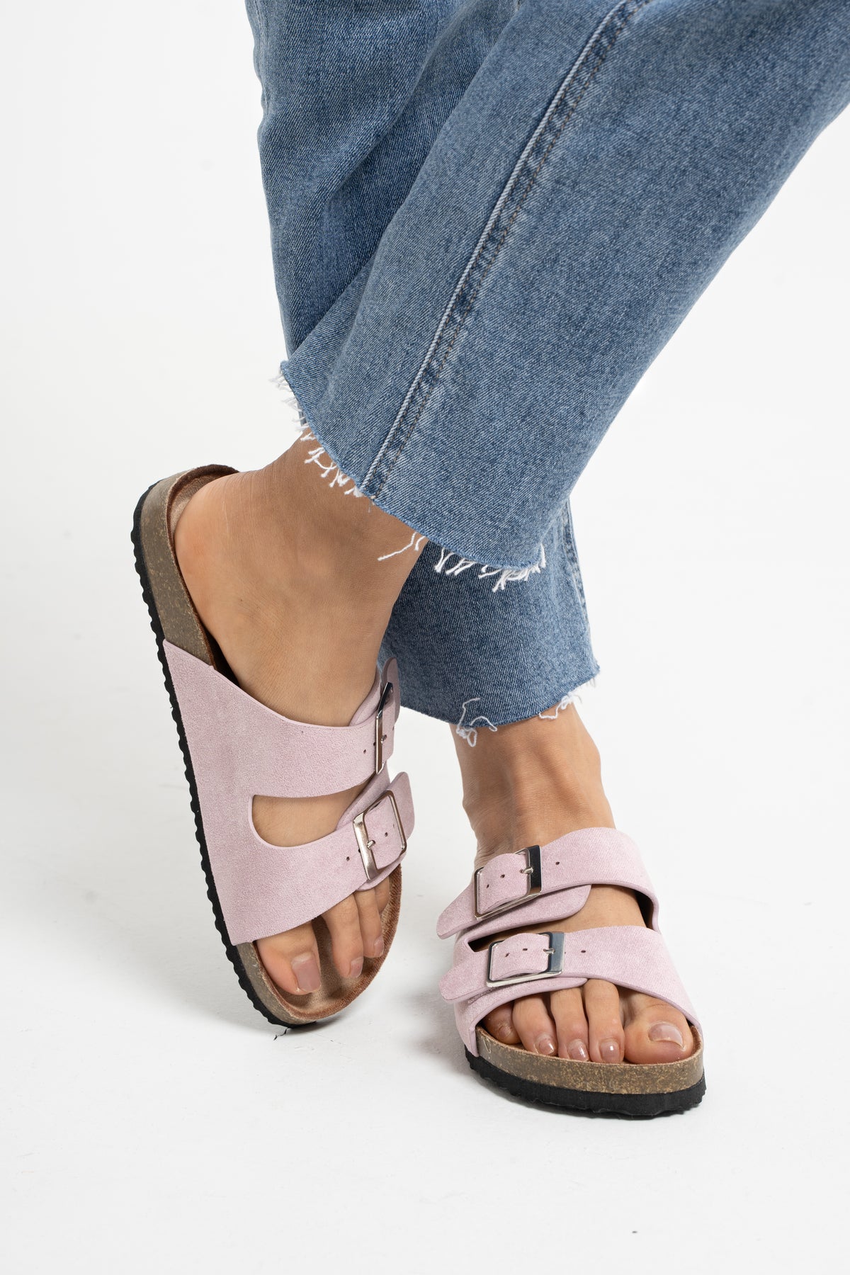 Lauren Double Strap Sliders In Lilac