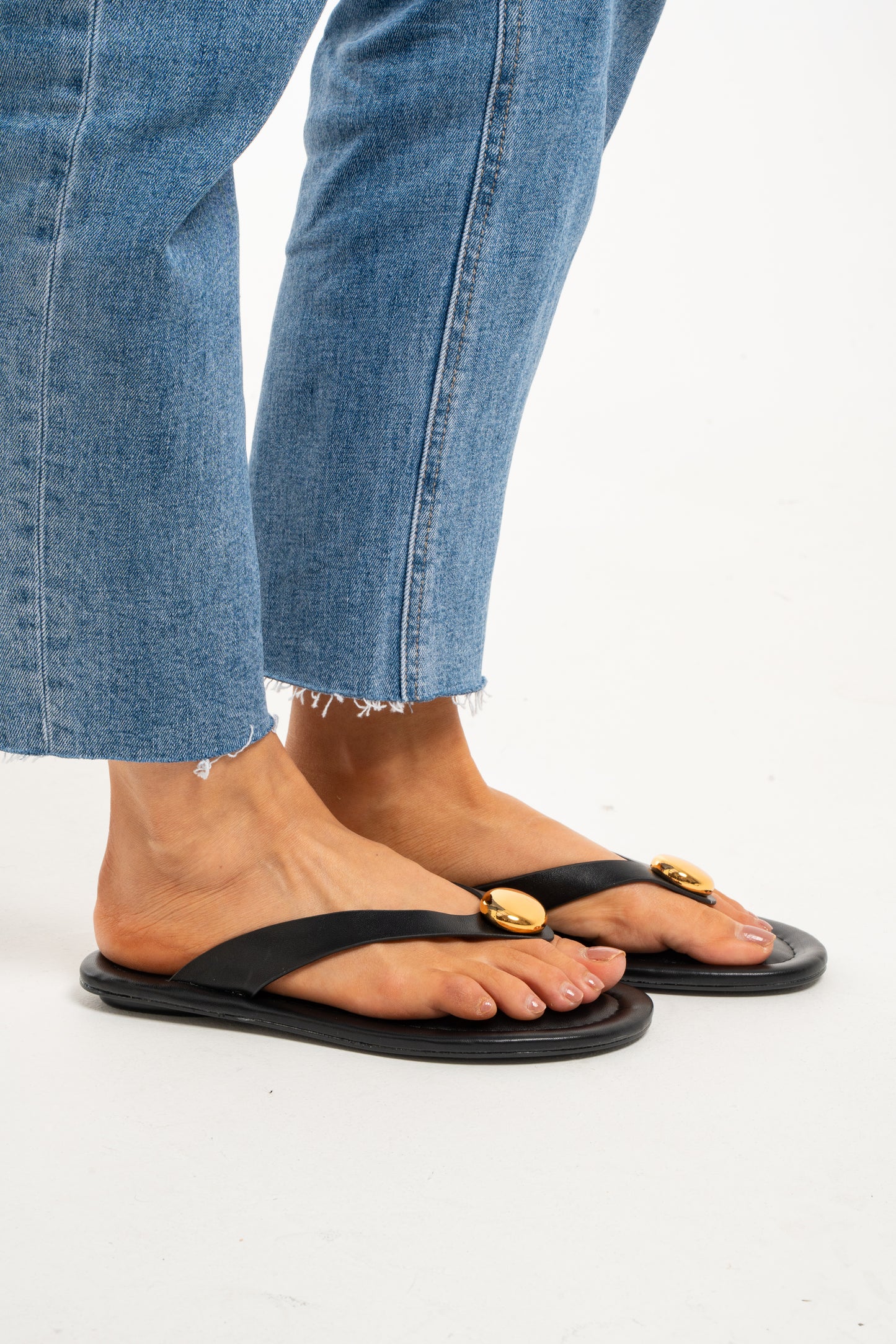 Lauren Gold Button Flip Flops In Black