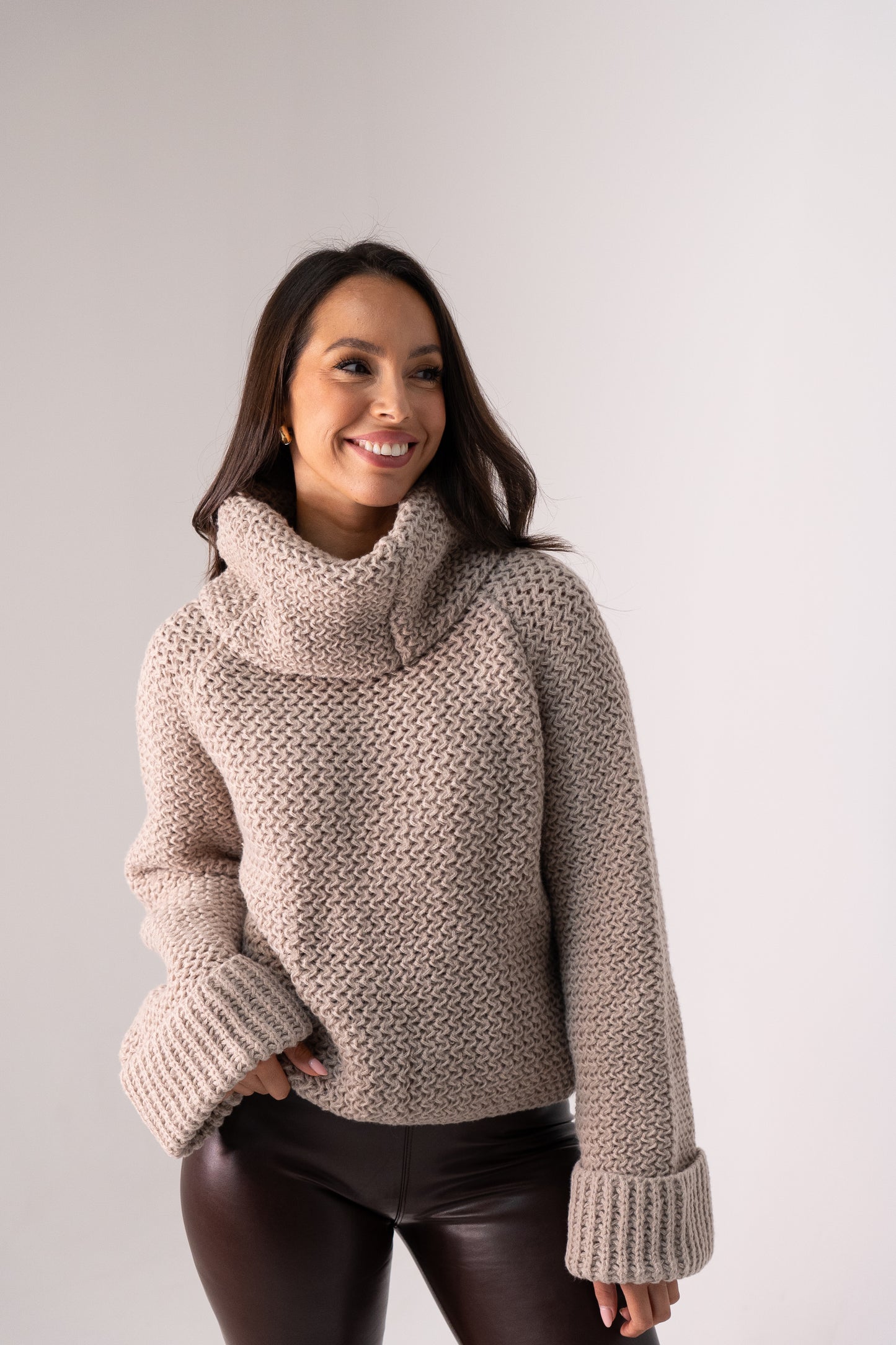 Leah Chunky Knit Polo Neck In Taupe