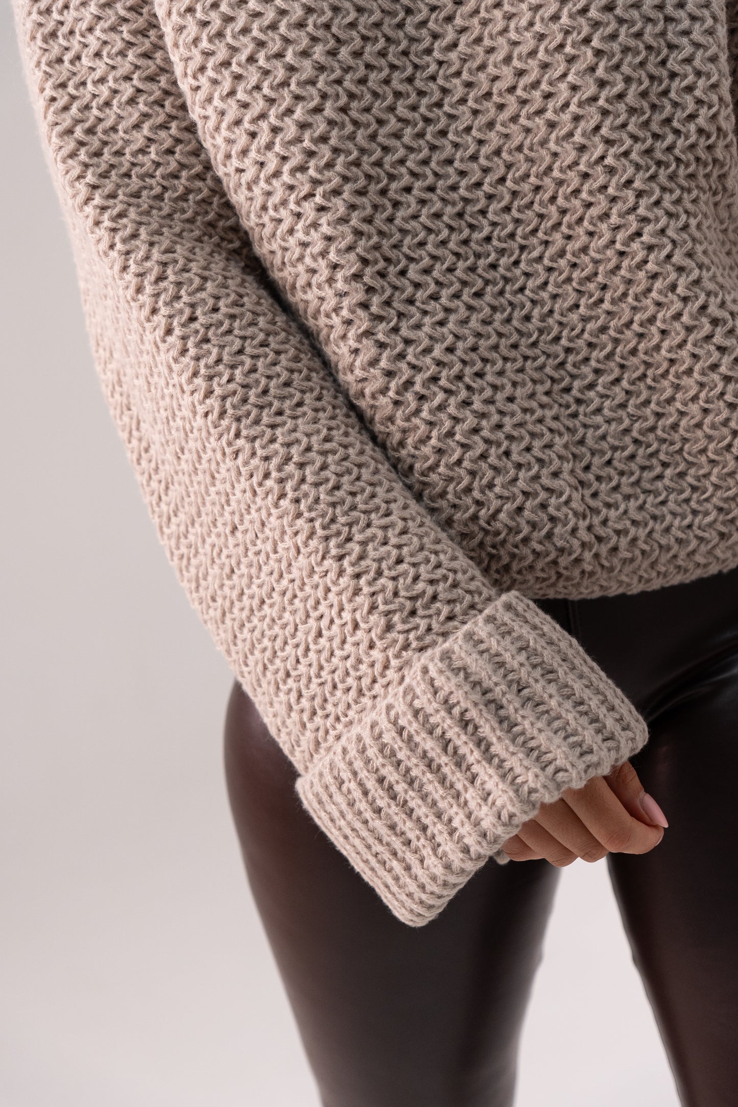 Leah Chunky Knit Polo Neck In Taupe