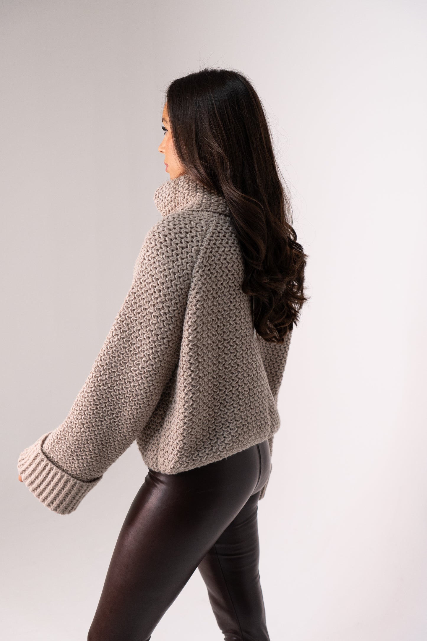 Leah Chunky Knit Polo Neck In Taupe