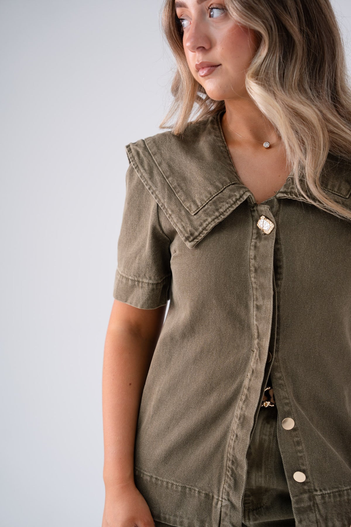 Love Laura Statement Collar Top In Olive