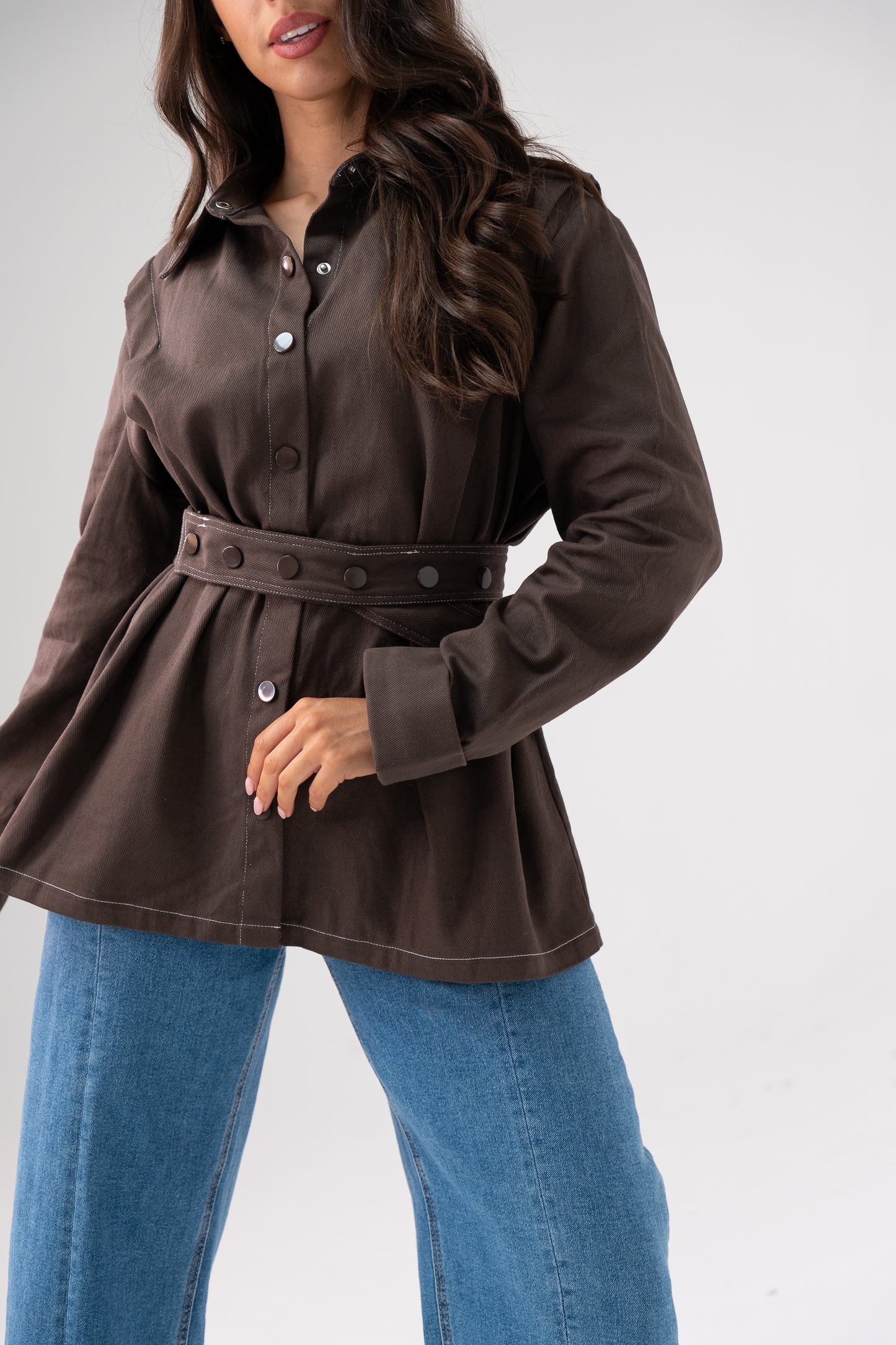 Love Laura Contrast Stitched Shirt In Chocolate