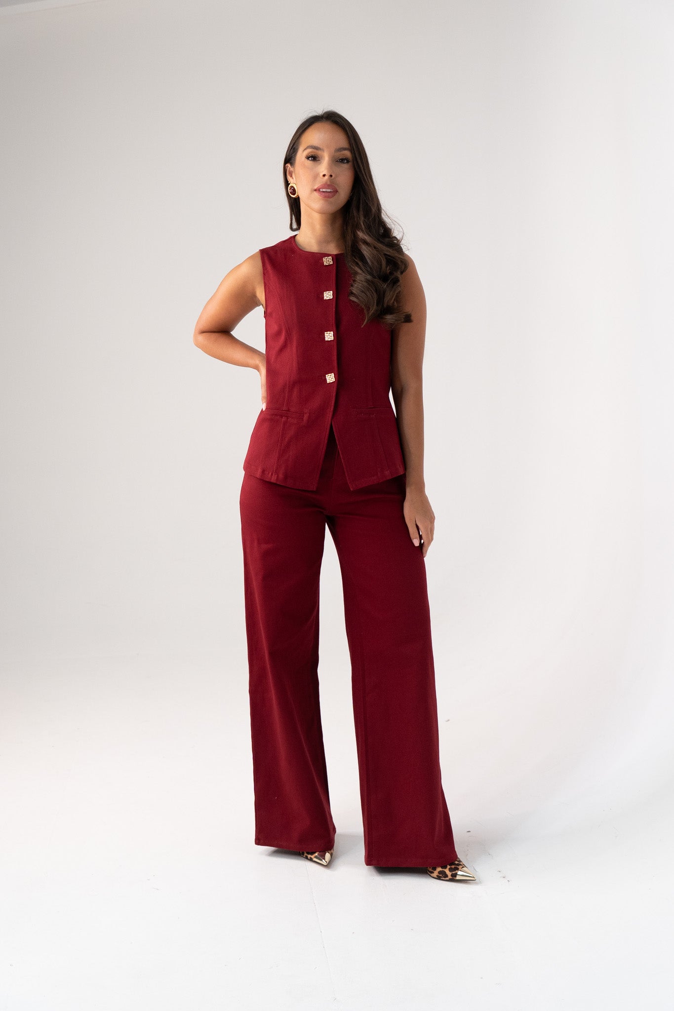 Love Laura Denim Waistcoat In Burgundy