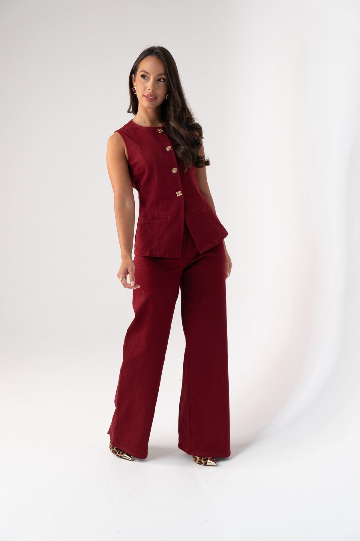 Love Laura Denim Waistcoat In Burgundy