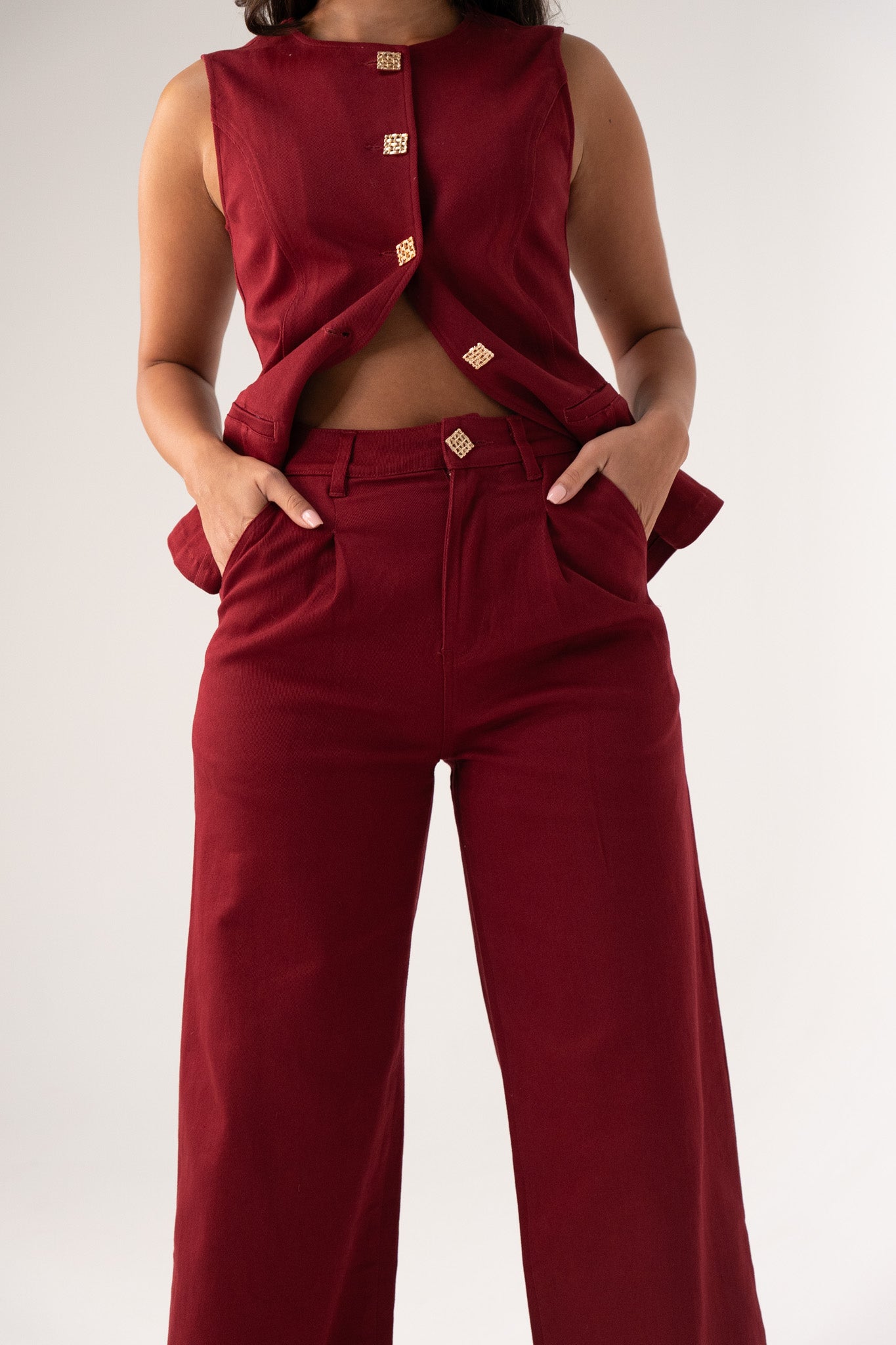 Love Laura Denim Waistcoat In Burgundy