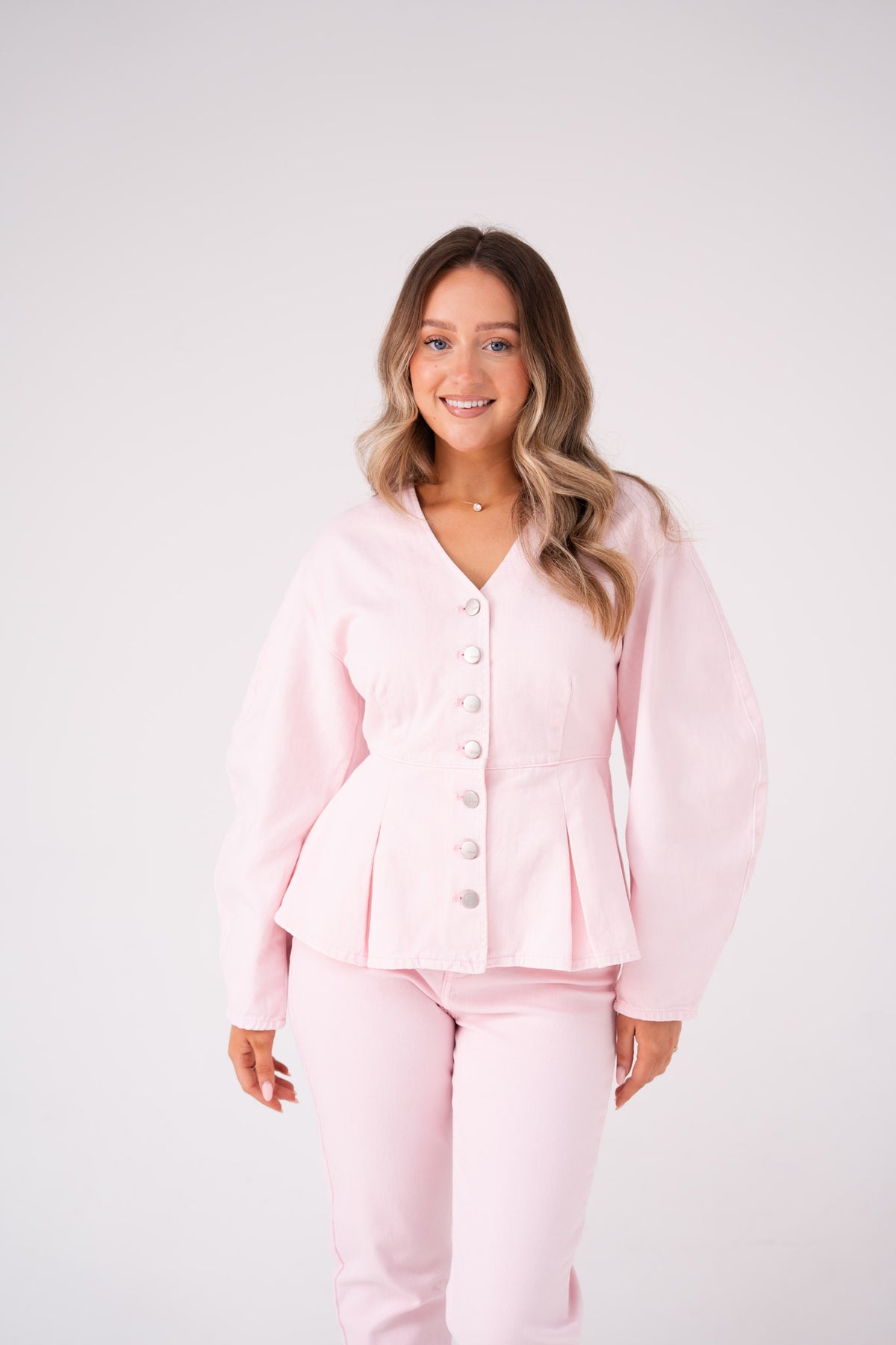 Love Laura Peplum Denim Top In Pink