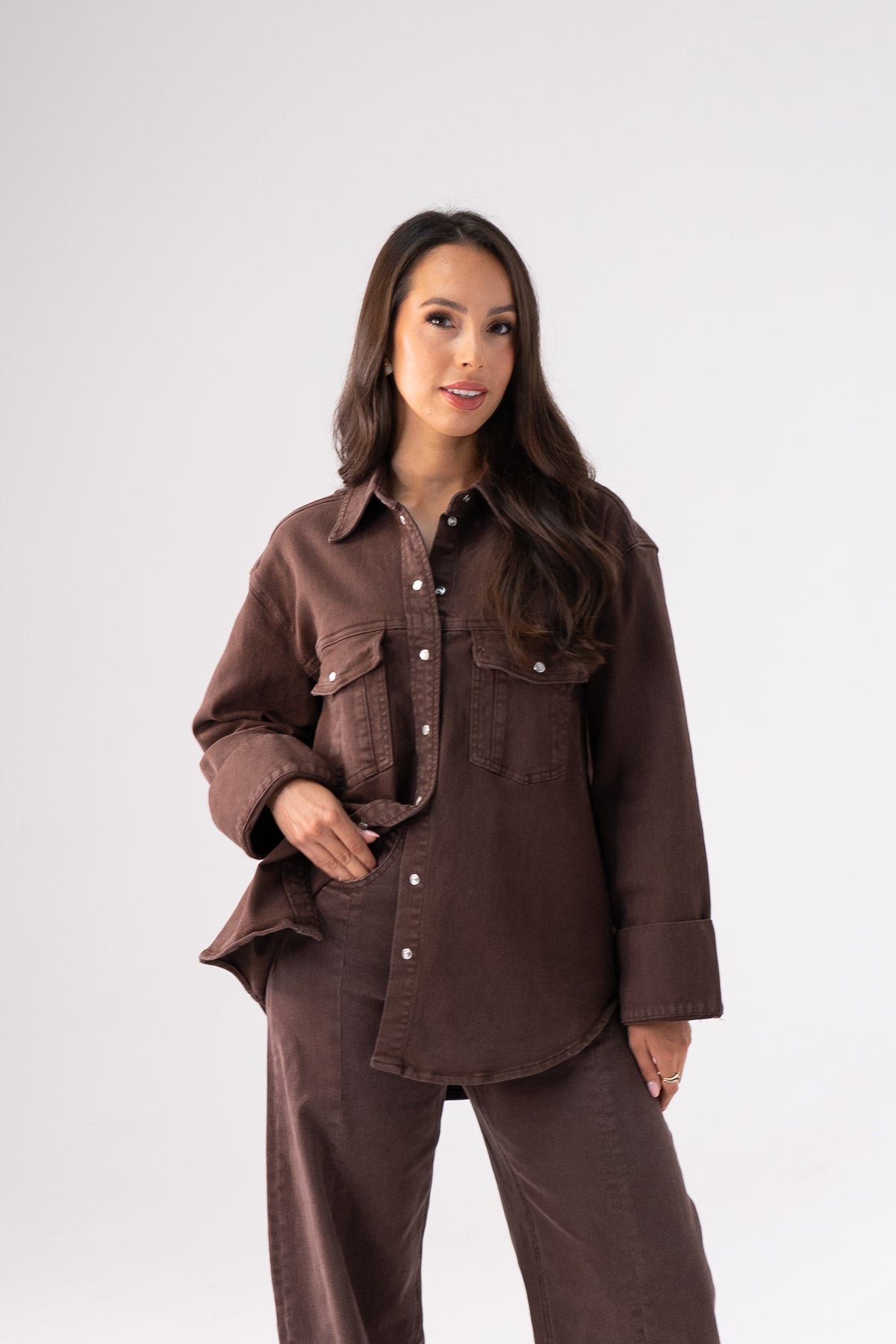 Love Laura Denim Shacket In Chocolate