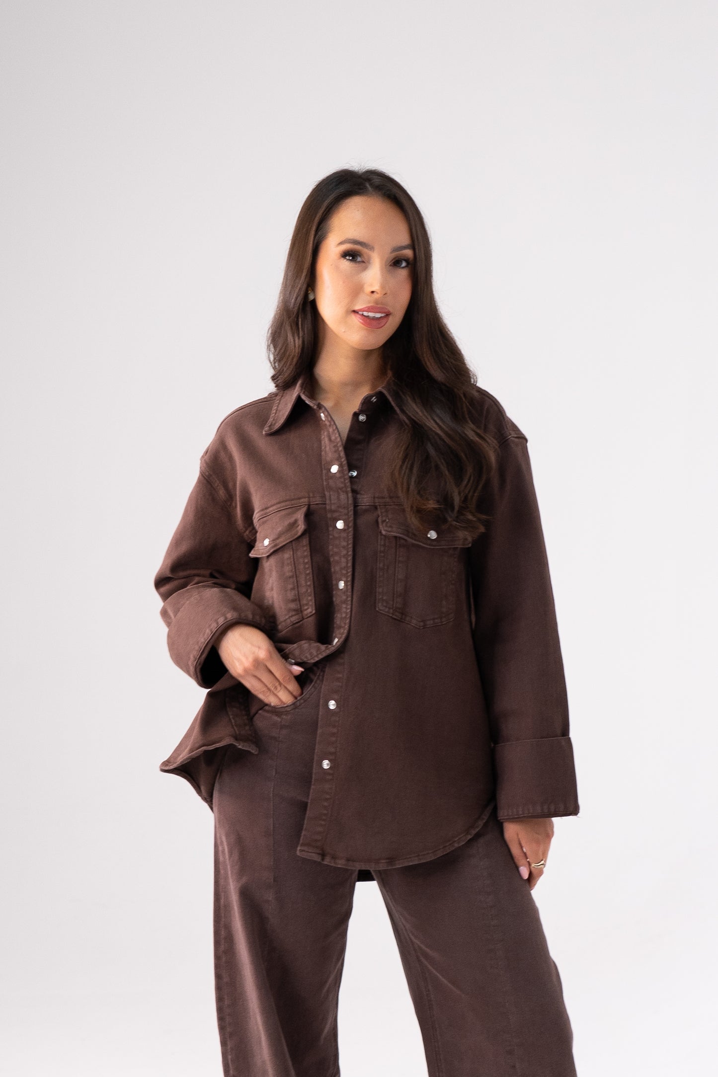 Love Laura Denim Shacket In Chocolate